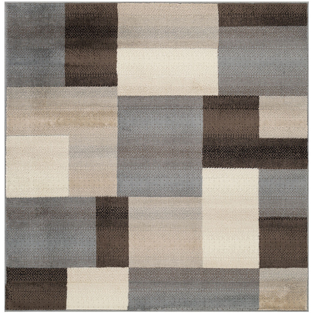 8' Square Grey-Brown Square Patchwork Power Loom Stain Resistant Area Rug