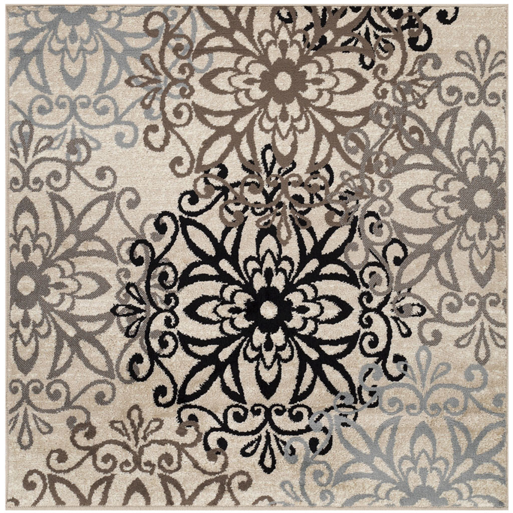 5' Square Tan Gray And Black Square Floral Medallion Stain Resistant Area Rug