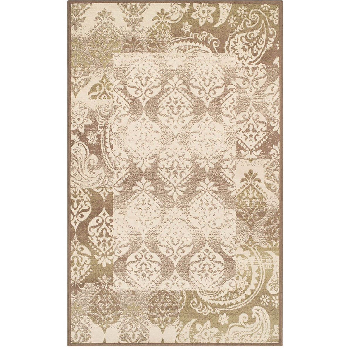 5' X 8' Brown Damask Power Loom Distressed Stain Resistant Area Rug