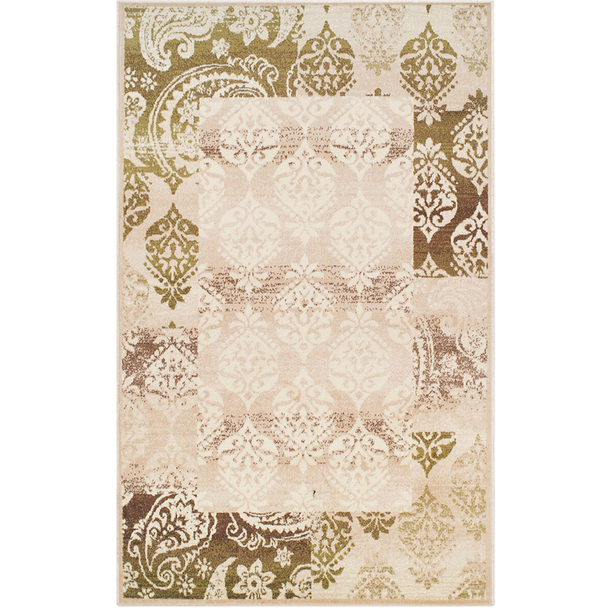 8' X 10' Beige Damask Power Loom Distressed Stain Resistant Area Rug