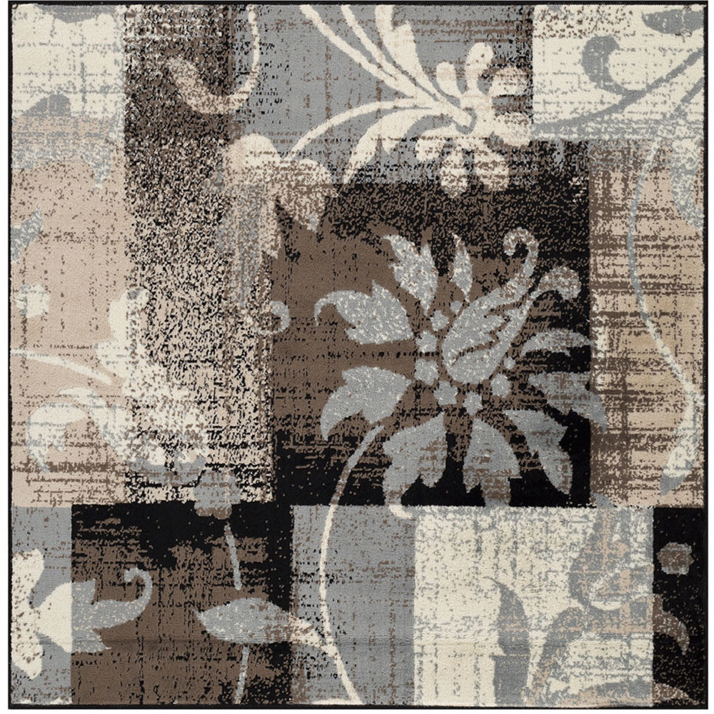 5' Square Beige And Gray Square Floral Power Loom Distressed Stain Resistant Area Rug