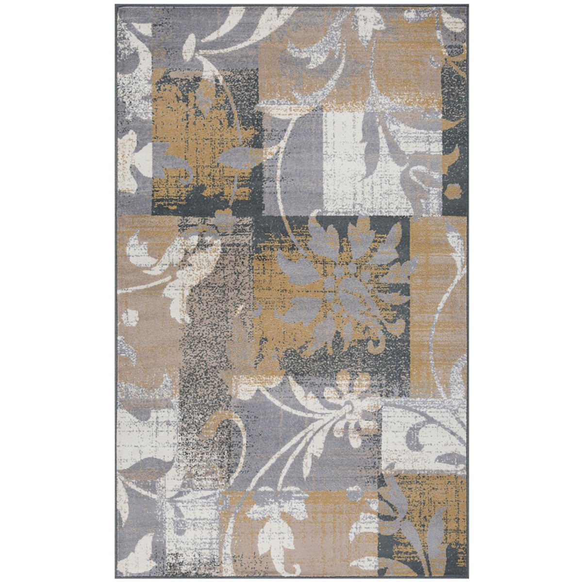7' X 9' Beige And Gray Floral Power Loom Distressed Stain Resistant Area Rug