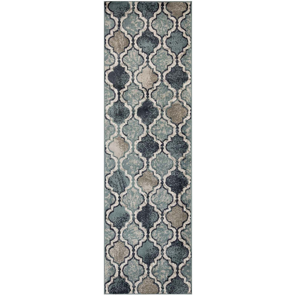 8' Deep Royal Quatrefoil Power Loom Distressed Stain Resistant Runner Rug