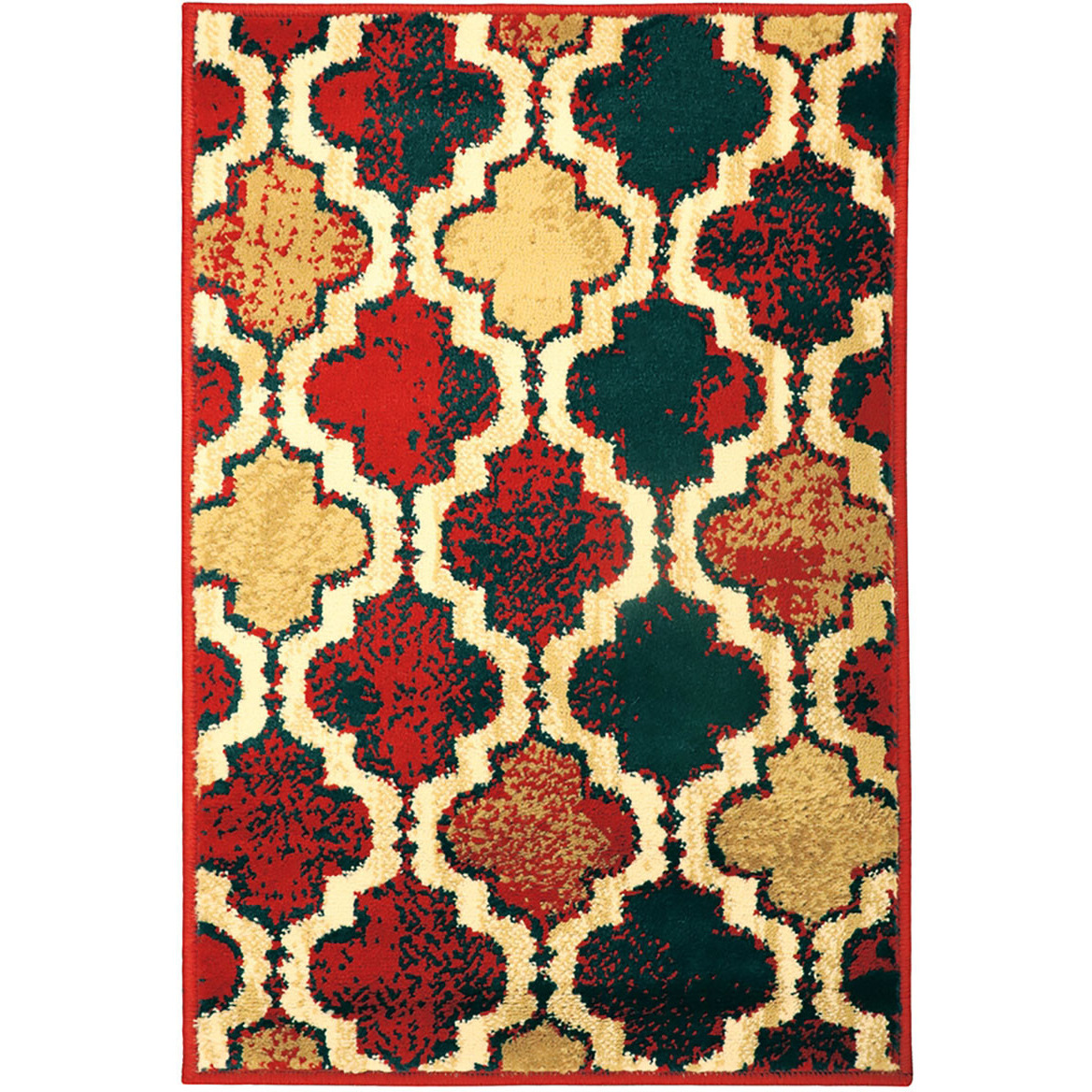 4' X 6' Red Blue Quatrefoil Power Loom Distressed Stain Resistant Area Rug
