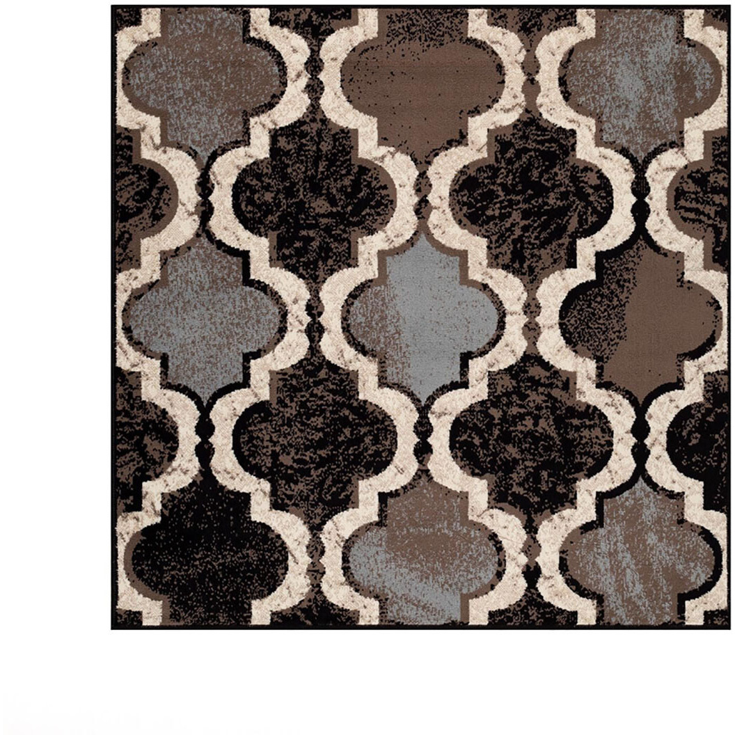 8' Square Chocolate Square Quatrefoil Power Loom Distressed Stain Resistant Area Rug