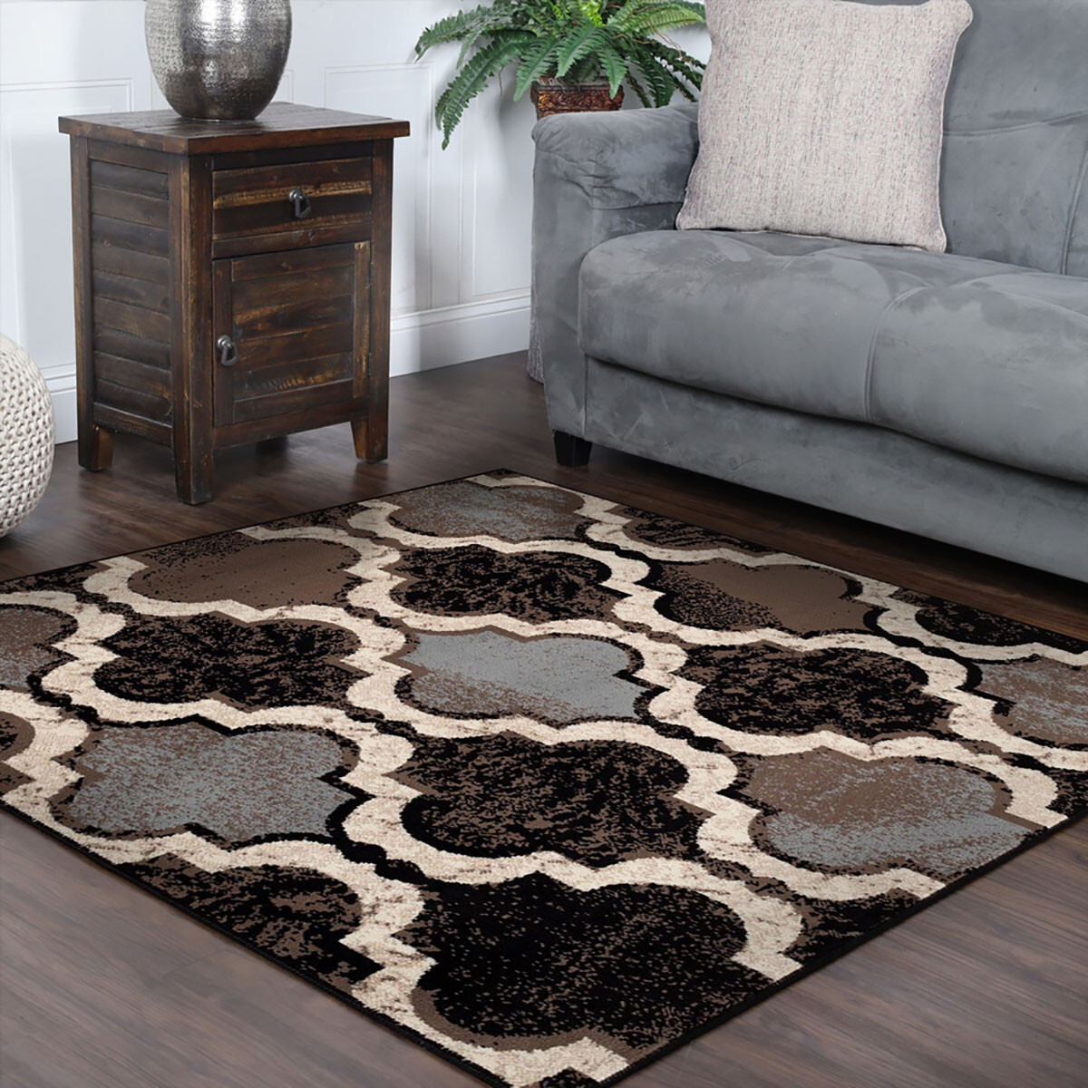 8' Square Chocolate Square Quatrefoil Power Loom Distressed Stain Resistant Area Rug