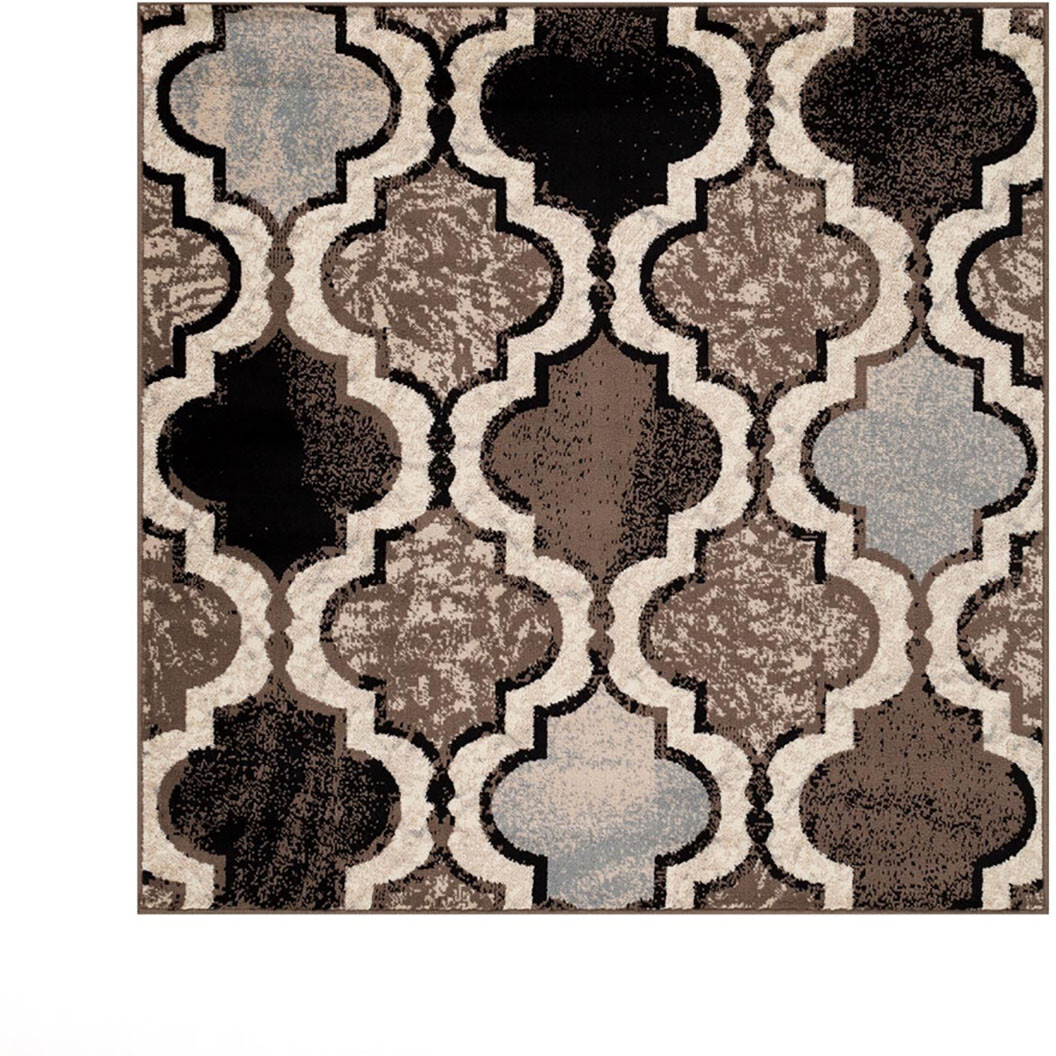8' Square Ivory Square Quatrefoil Power Loom Distressed Stain Resistant Area Rug