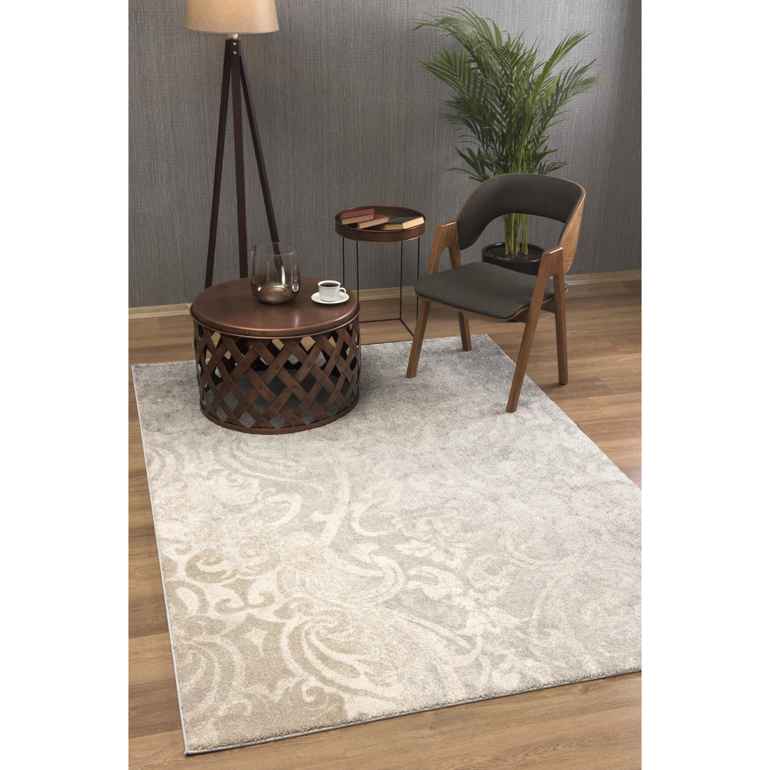 4' X 6' Grey Damask Power Loom Stain Resistant Area Rug