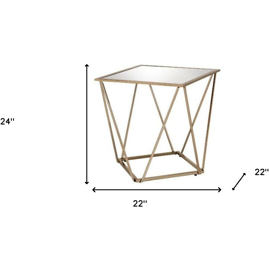24"" Champagne And Silver Glass And Metal Square Mirrored End Table