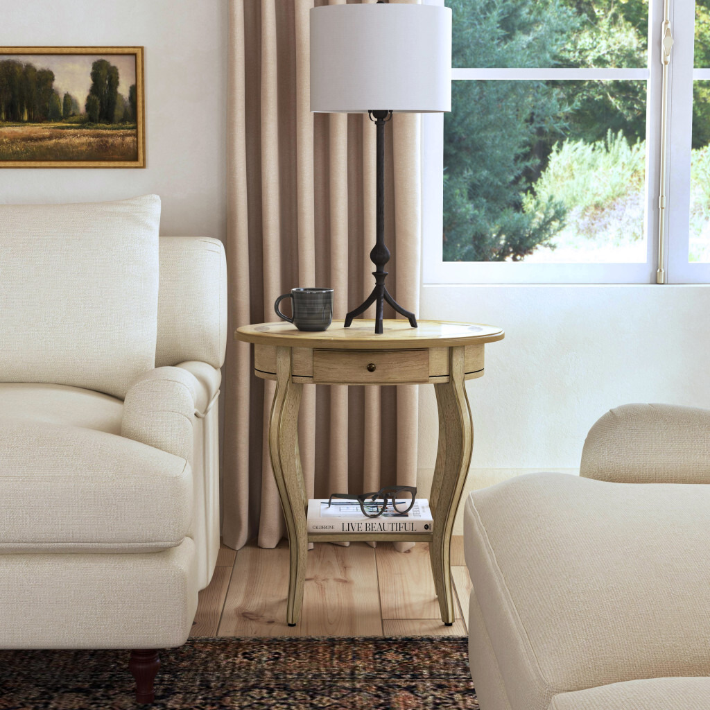 26"" Beige Manufactured Wood Oval End Table With Drawer And Shelf