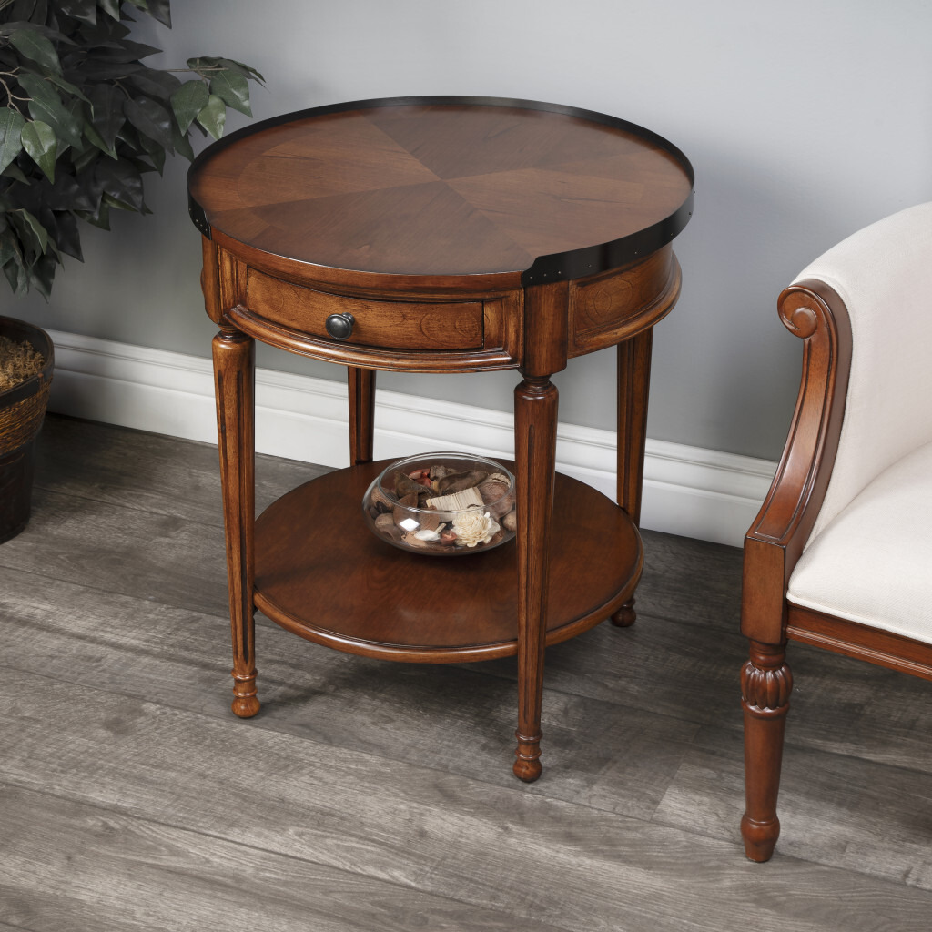 26"" Medium Brown Manufactured Wood Round End Table With Drawer And Shelf