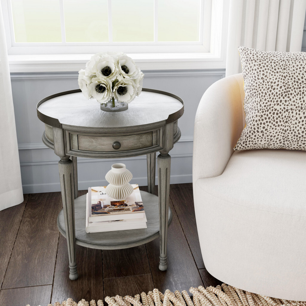 26"" Gray Manufactured Wood Round End Table With Drawer And Shelf