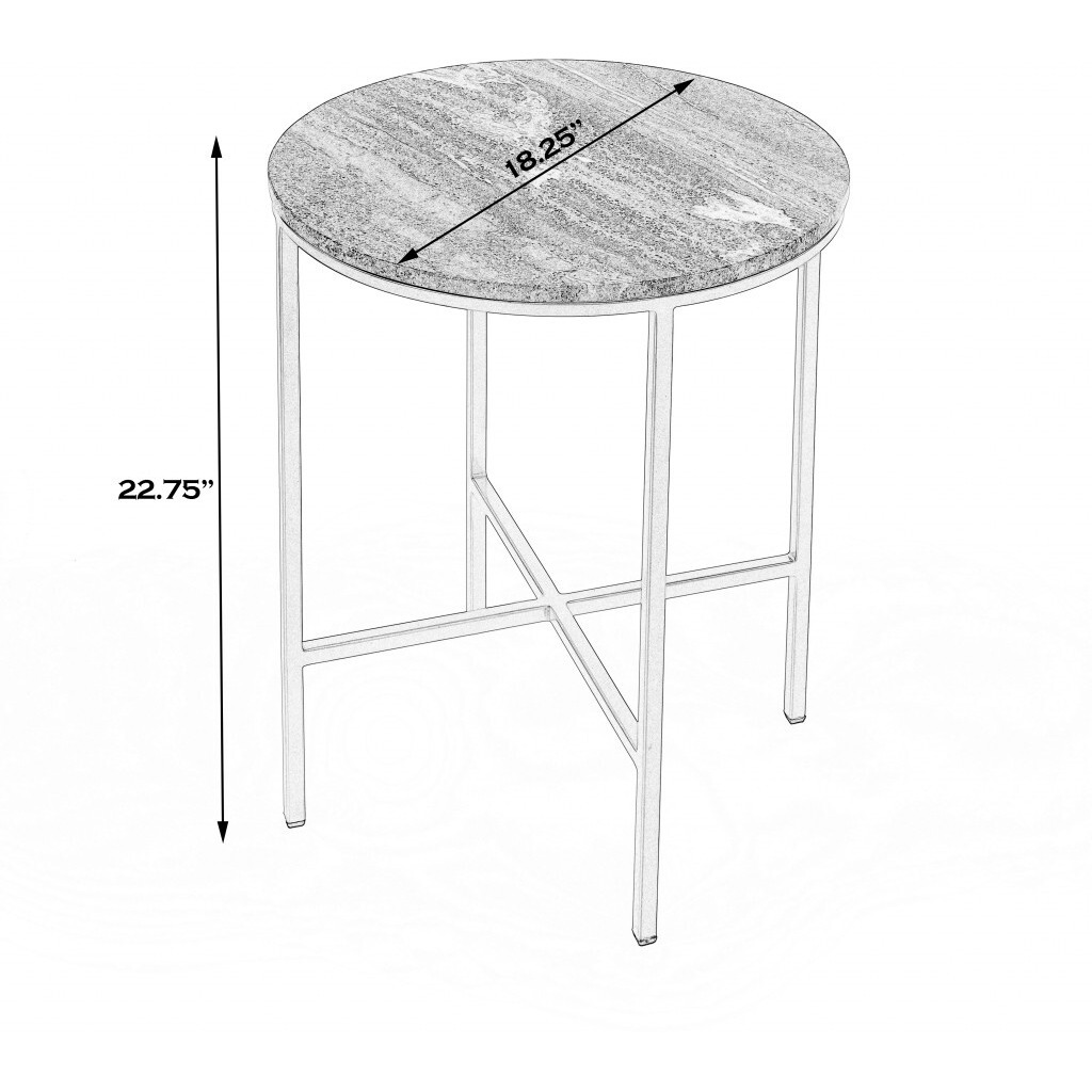 23"" Brass And Gray Marble Round End Table