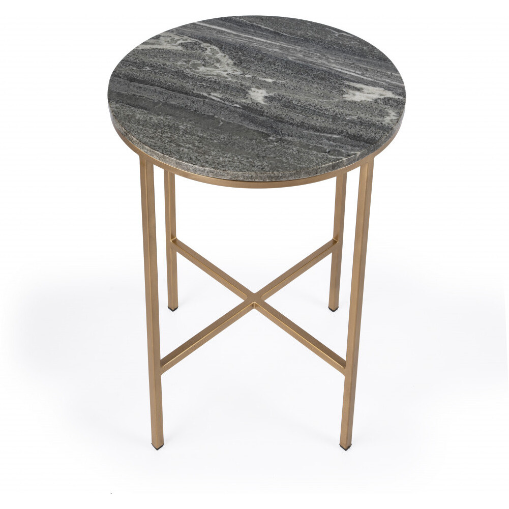 23"" Brass And Gray Marble Round End Table