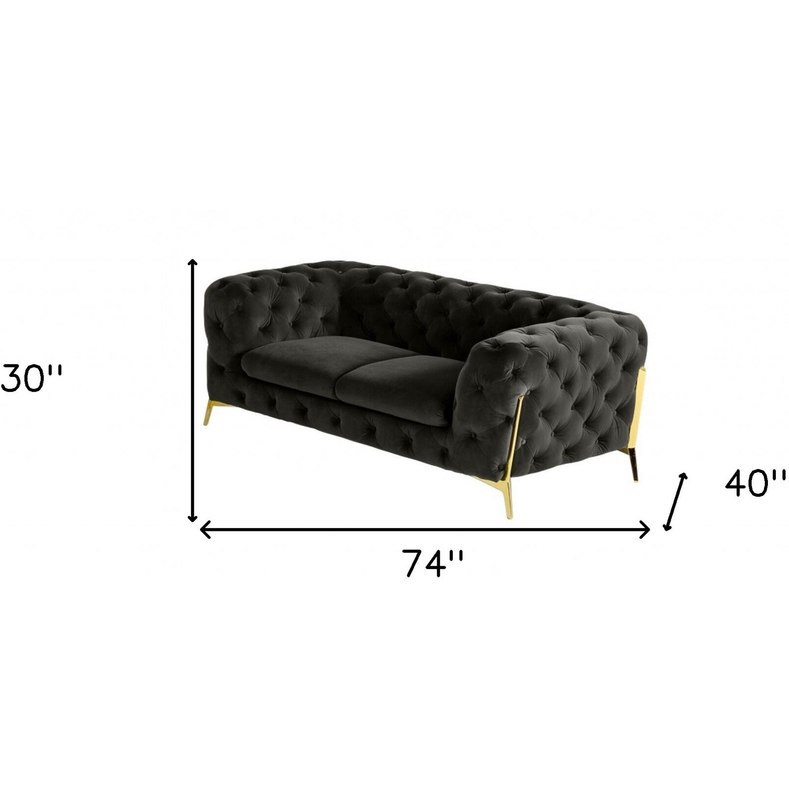 74"" Dark Grey Gold Velour Chesterfield Love Seat