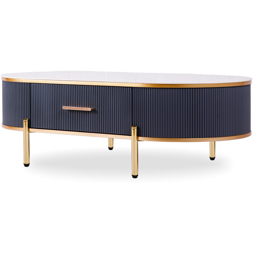 47"" Charcoal Gray Gold And White Stone Oval Coffee Table With Drawer