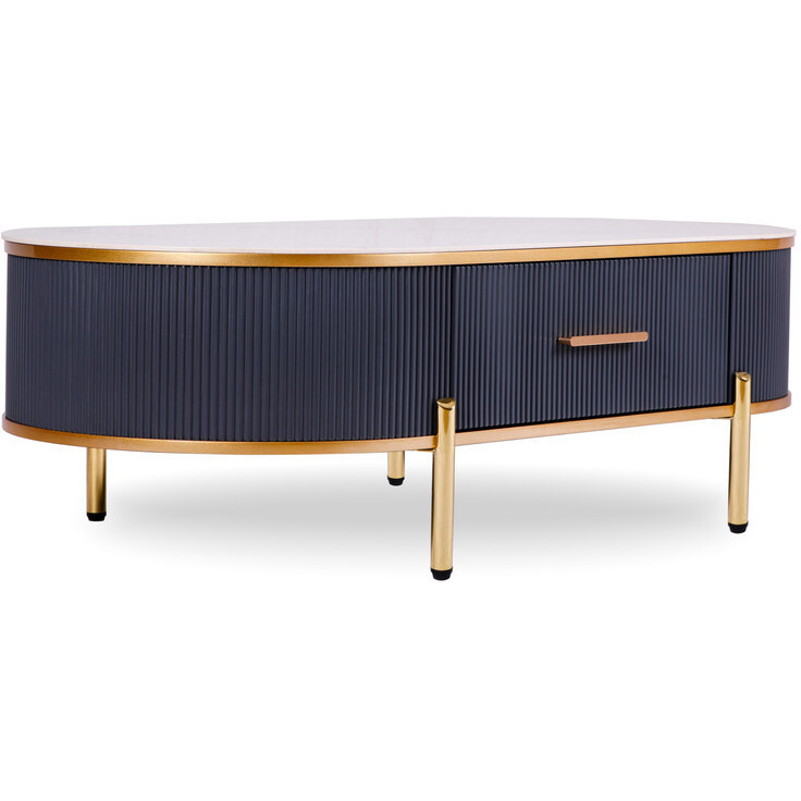 47"" Charcoal Gray Gold And White Stone Oval Coffee Table With Drawer