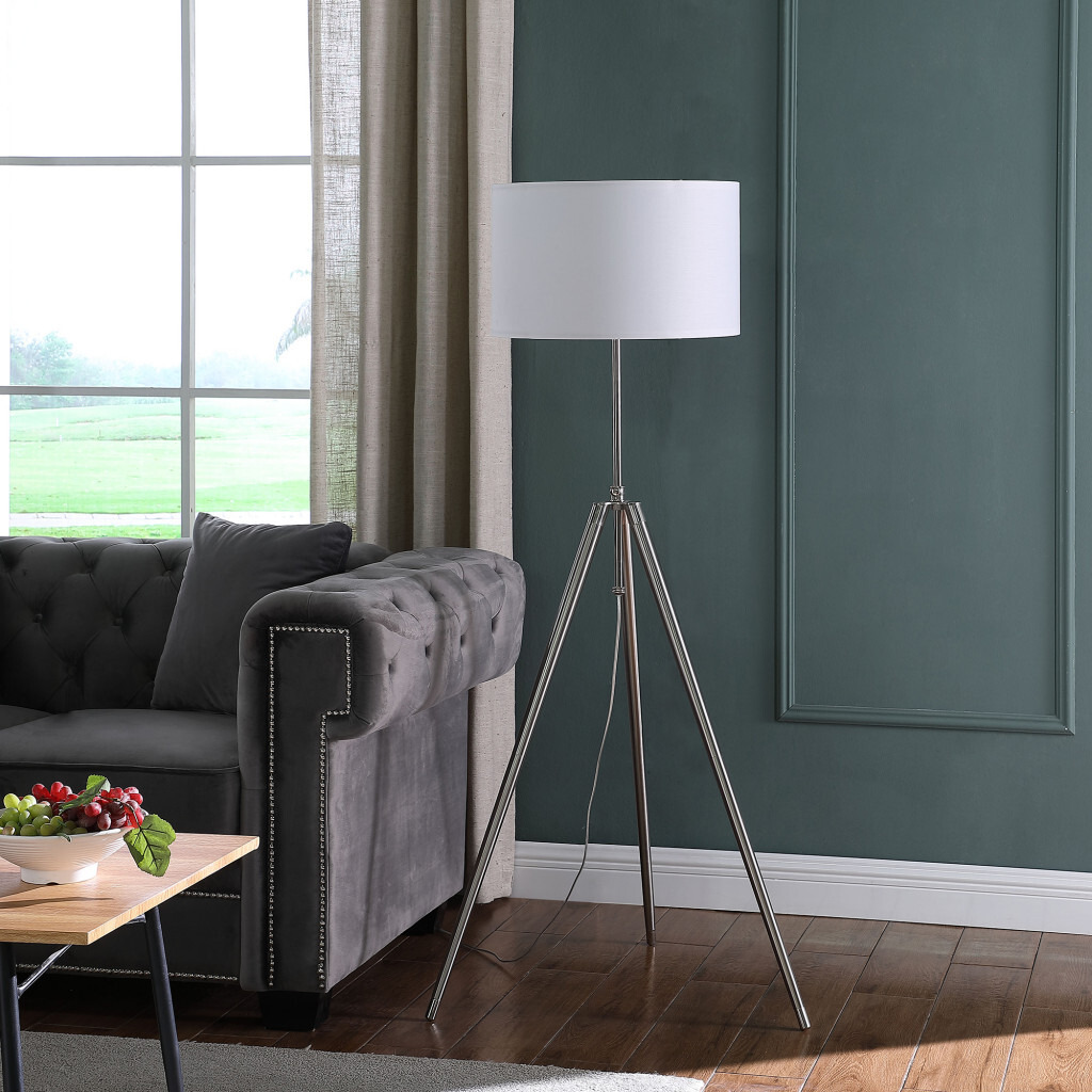 64"" Chrome Adjustable Tripod Floor Lamp With White Shade