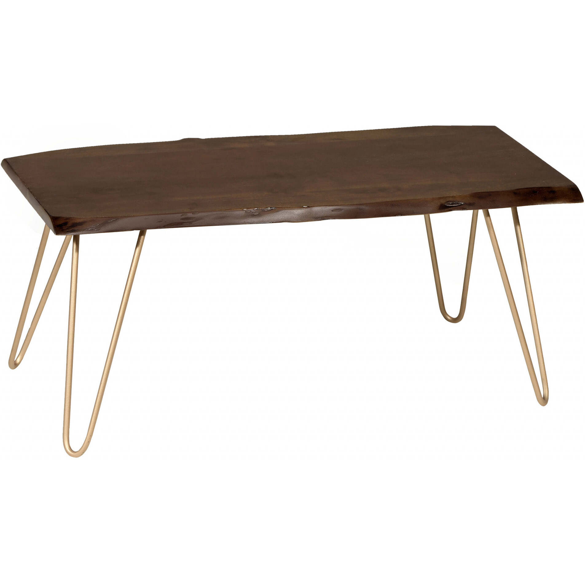 42"" Gold And Rustic Brown Solid Wood Live Edge Rectangular Coffee Table