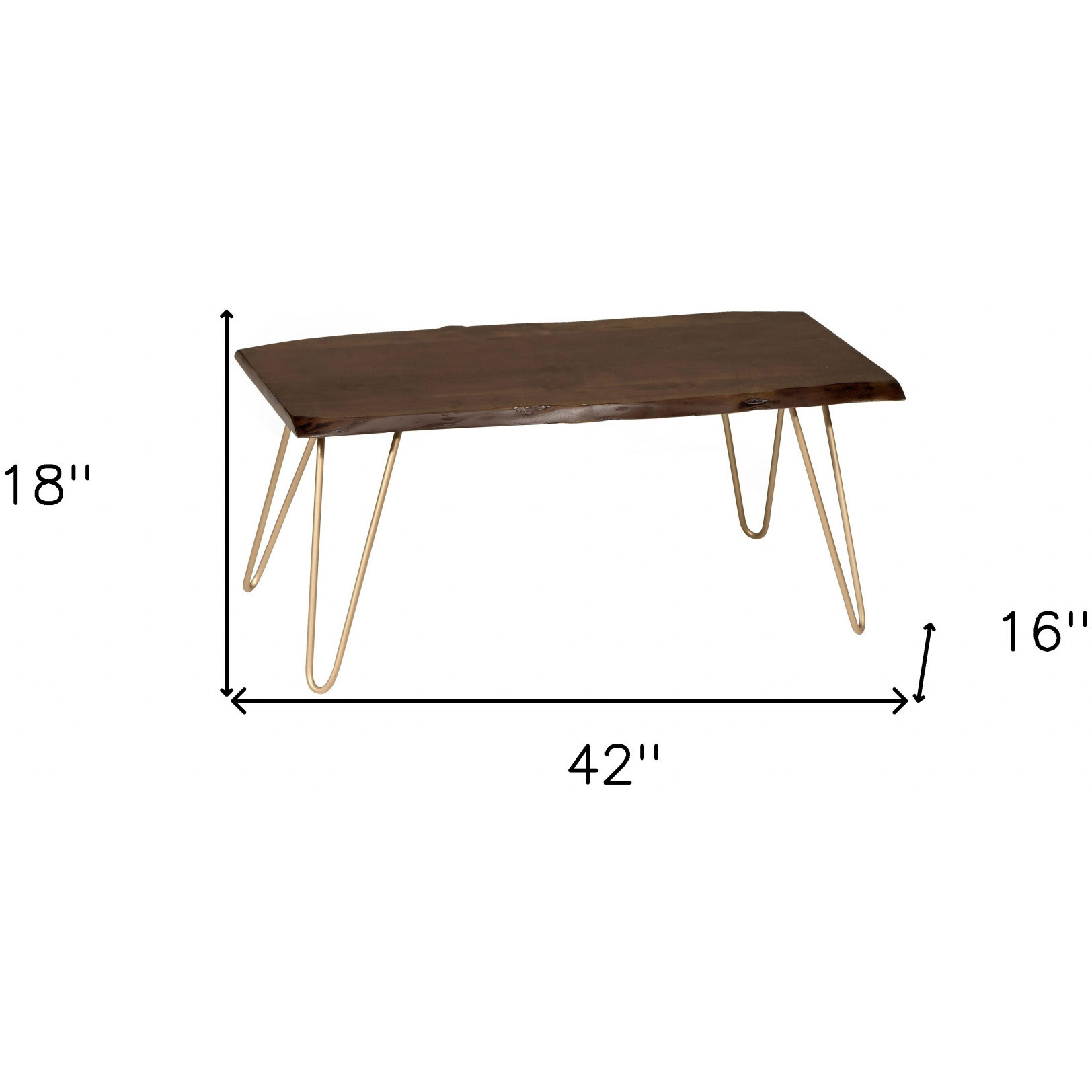 42"" Gold And Rustic Brown Solid Wood Live Edge Rectangular Coffee Table