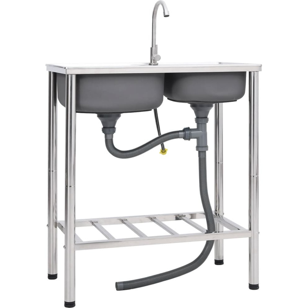 Vidaxl Camping Sink Double Basins With Tap Stainless Steel