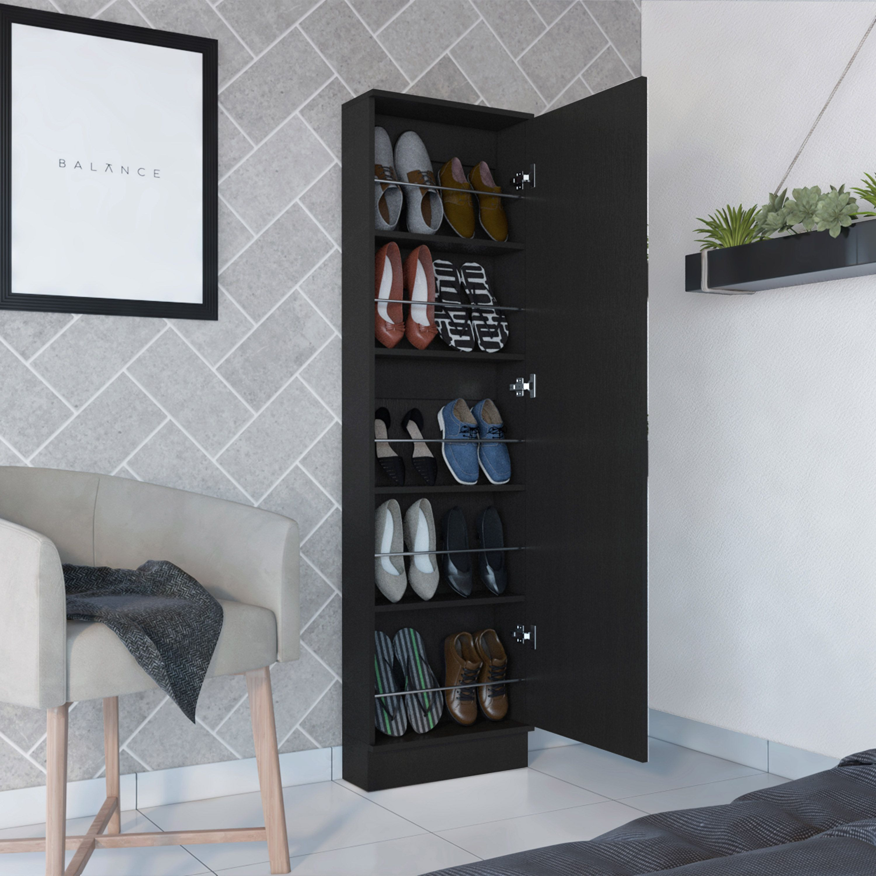 Cassidy Rectangle Tall Shoe Cabinet With Mirror Black Wengue(D0102H76Xkt)