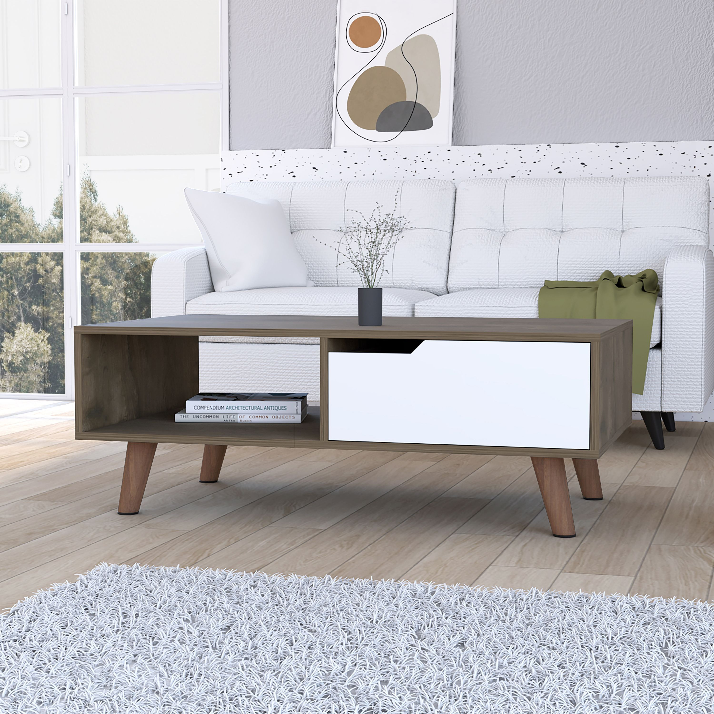 New Haven 1-Drawer 1-Shelf Rectangle Coffee Table Dark Brown And White(D0102H767Mj)
