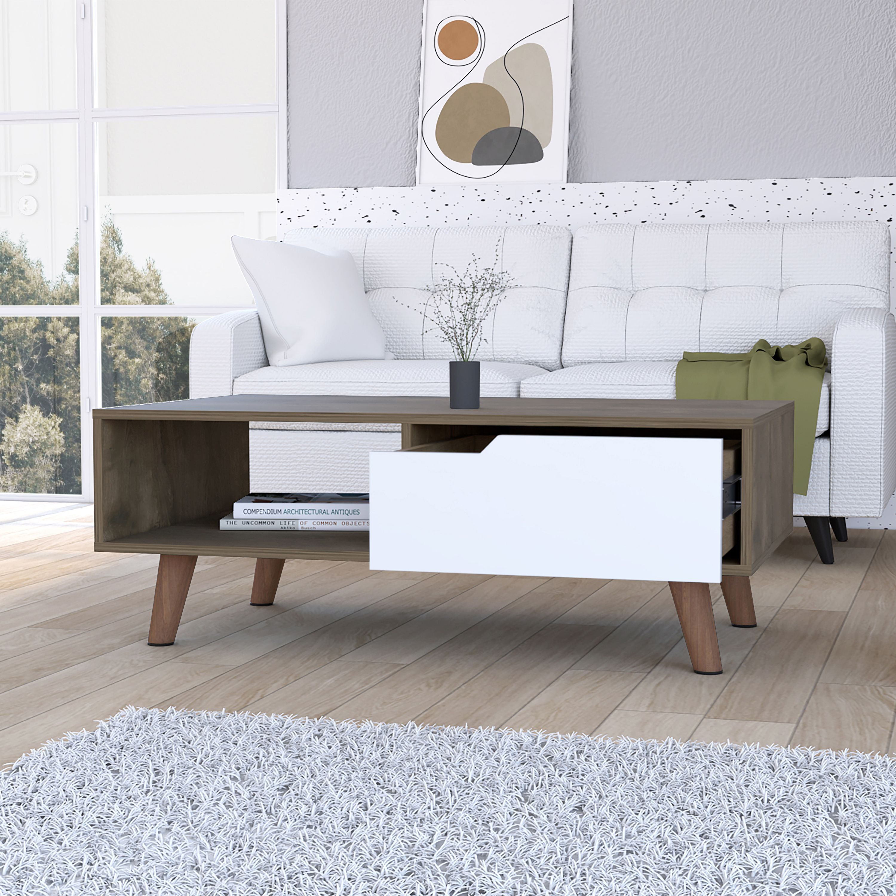 New Haven 1-Drawer 1-Shelf Rectangle Coffee Table Dark Brown And White(D0102H767Mj)