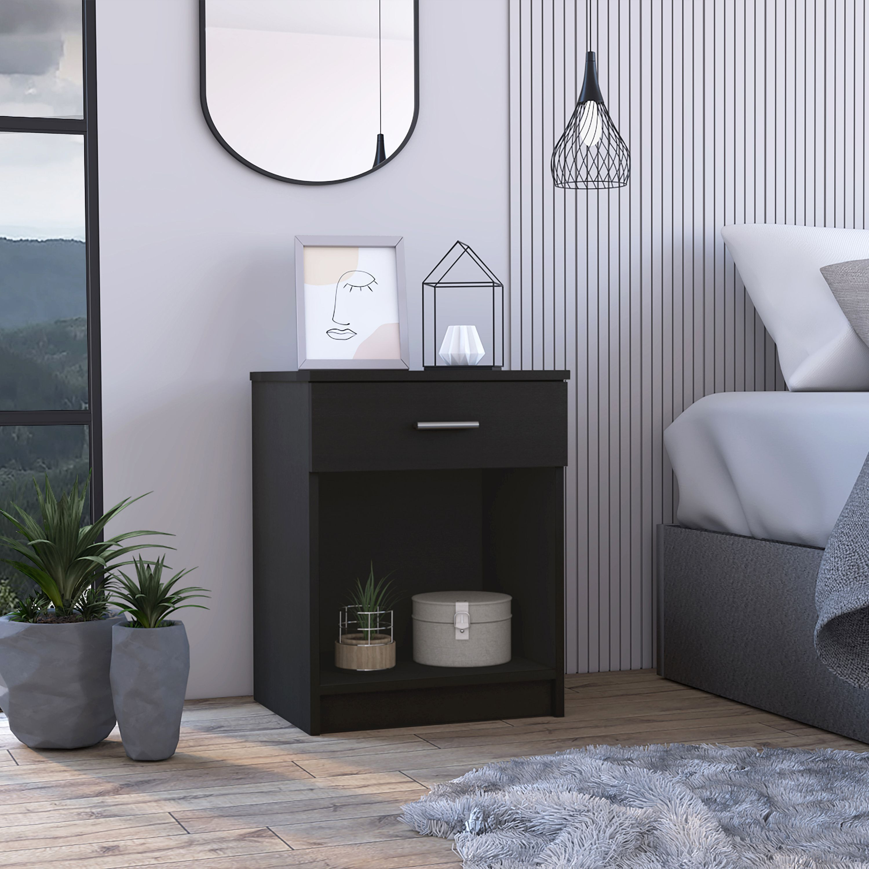 Merimac 1-Drawer 1-Shelf Nightstand Black Wengue(D0102H7675T)