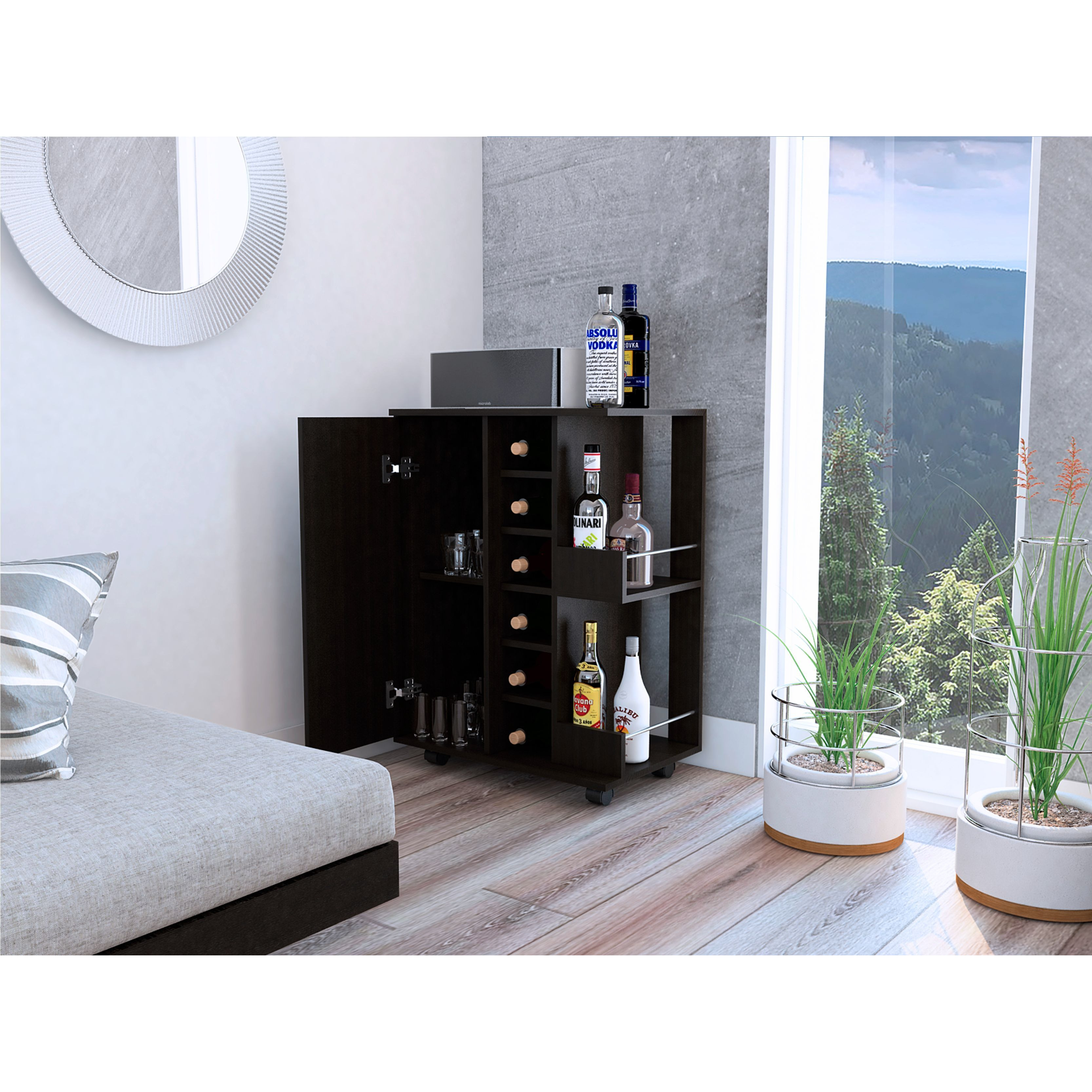 Bartlet 2-Shelf 6-Bottle Bar Cart With Division Black Wengue(D0102H76Xtp)
