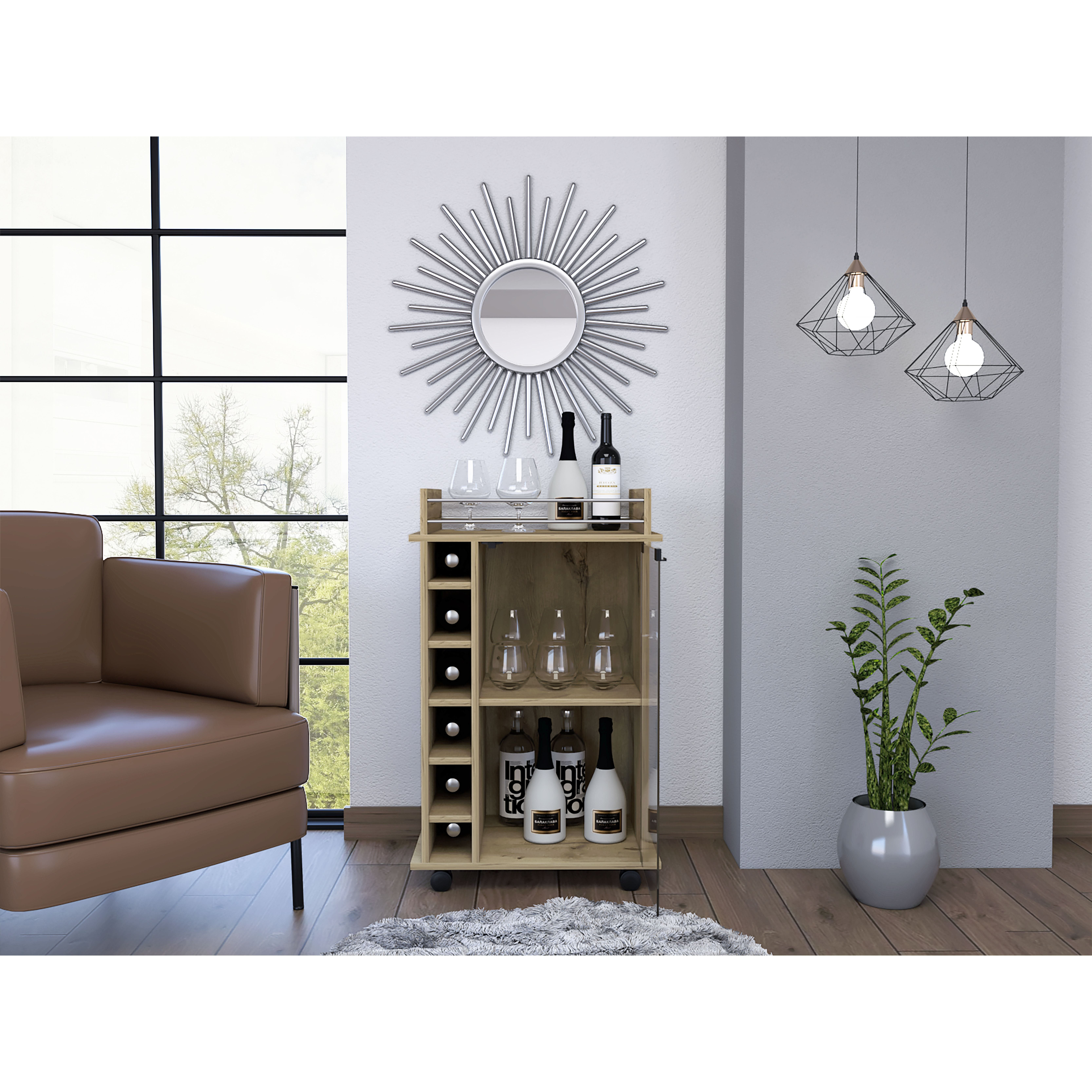 Savannah 6-Bottle 3-Shelf Bar Cart Light Oak(D0102H76Xwp)