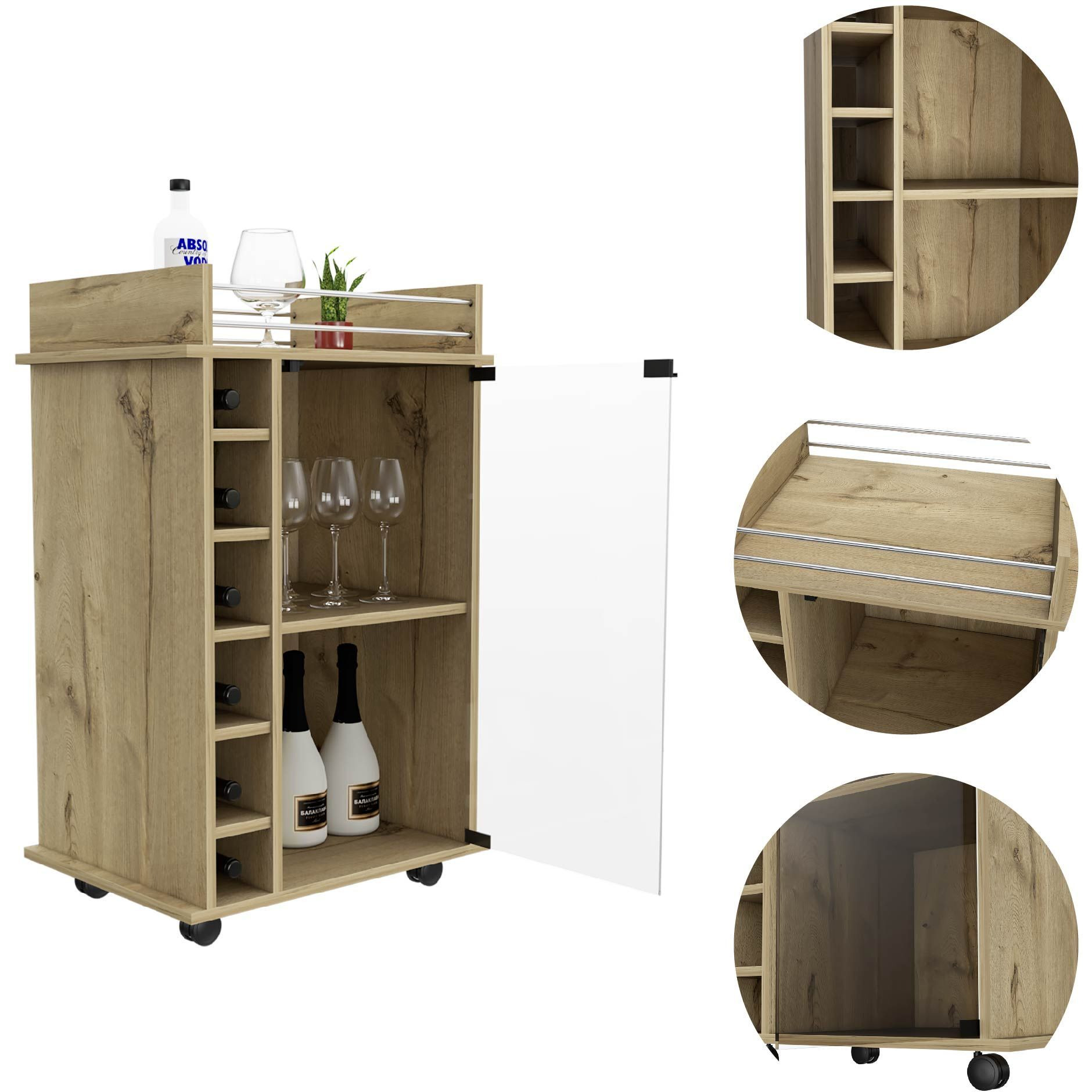 Savannah 6-Bottle 3-Shelf Bar Cart Light Oak(D0102H76Xwp)