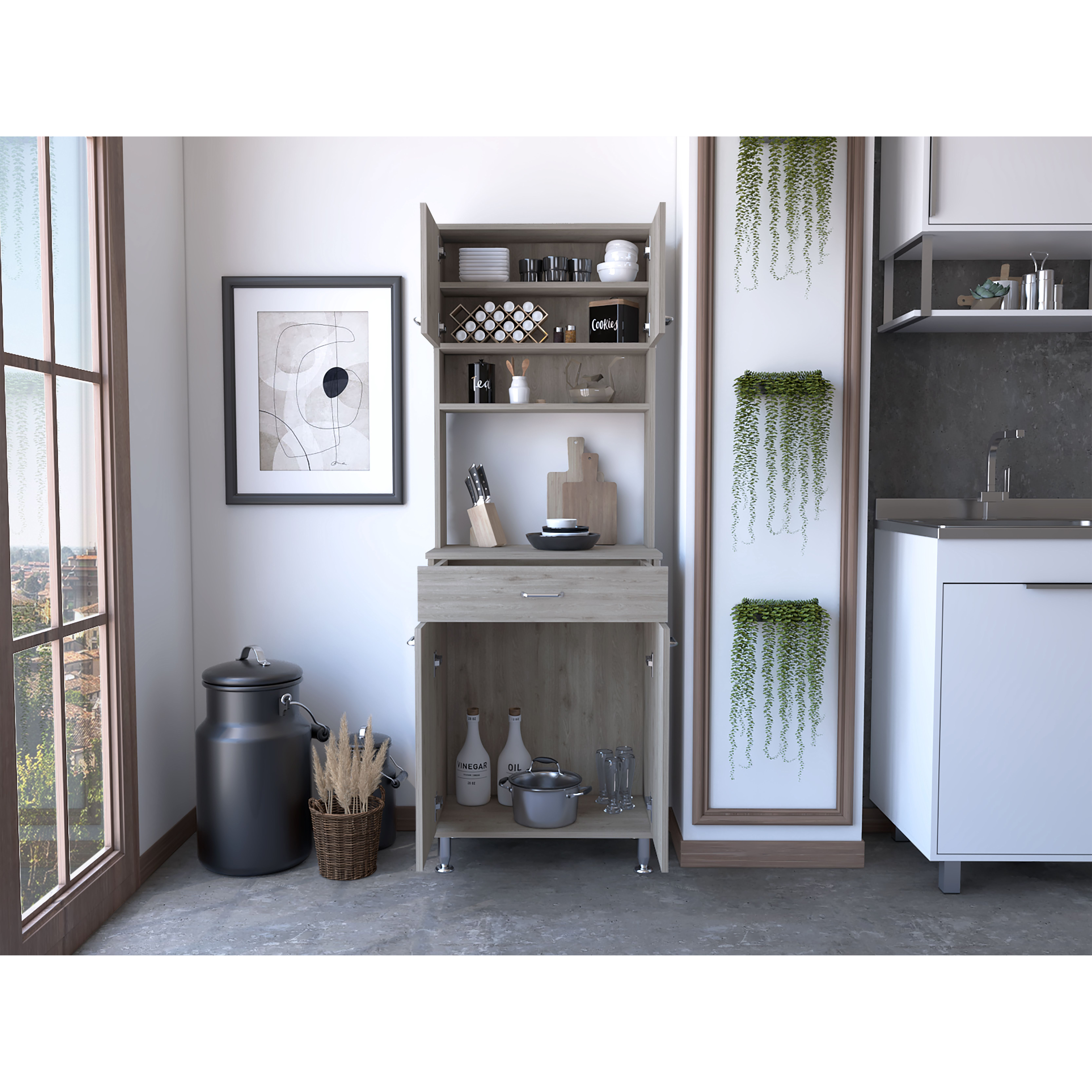 Santa Maria 1-Drawer 1-Shelf Area Pantry With Adjustable Metal Legs Light Grey(D0102H76Hv2)