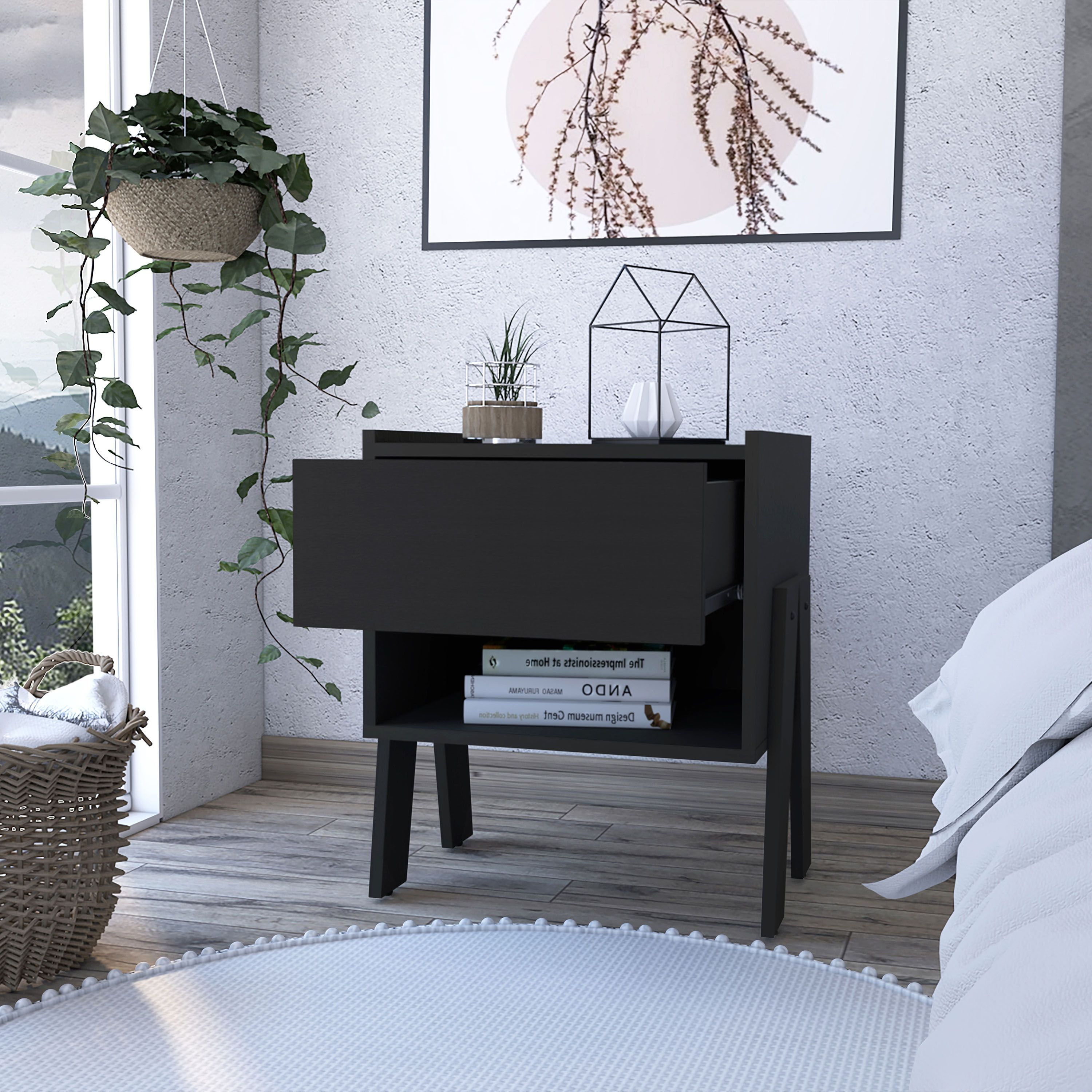 Hosley 1-Drawer 1-Shelf Nightstand Black Wengue(D0102H76H48)