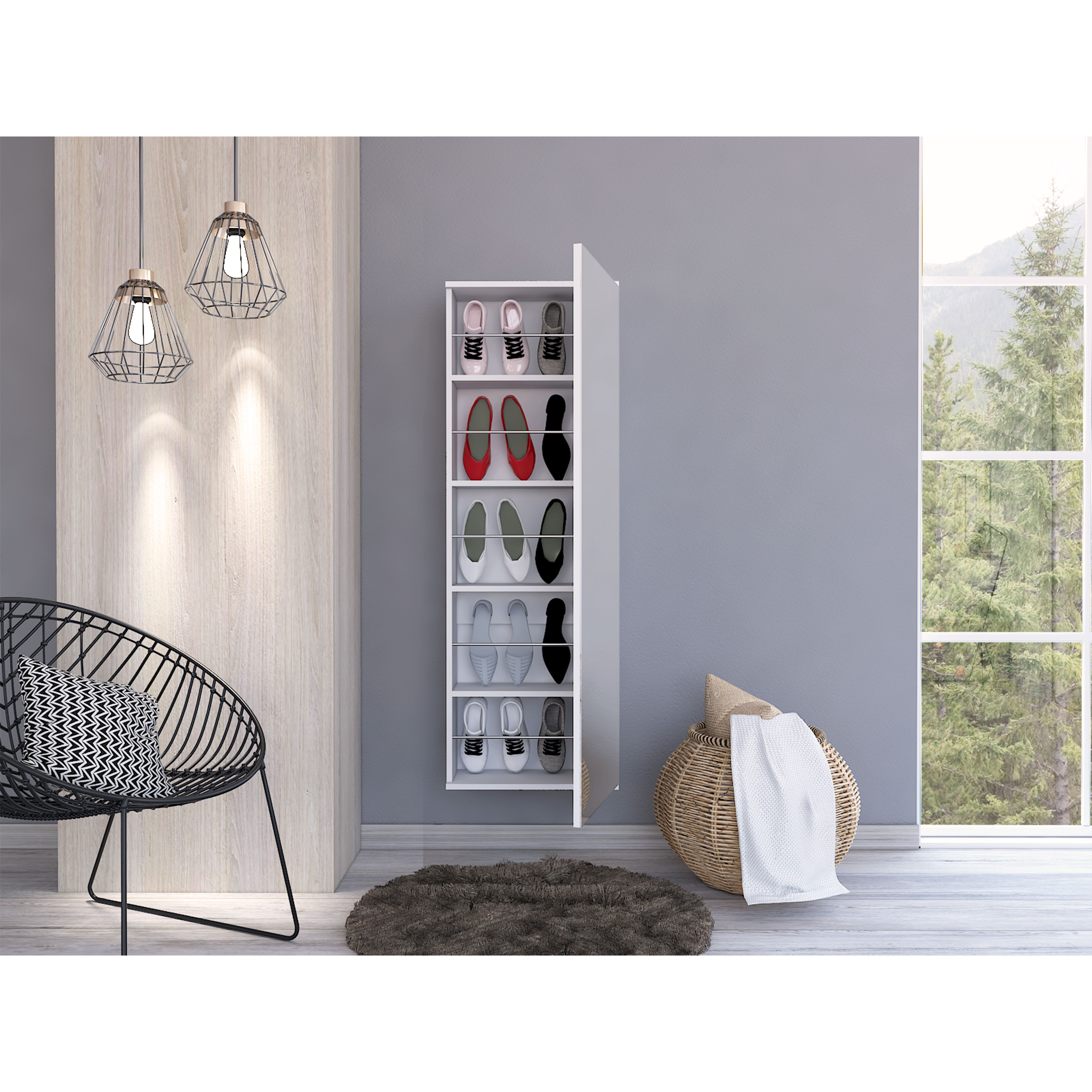 Montauk 5-Shelf Wall Mounted Shoe Cabinet With Mirror Door Light Grey(D0102H76Xg6)