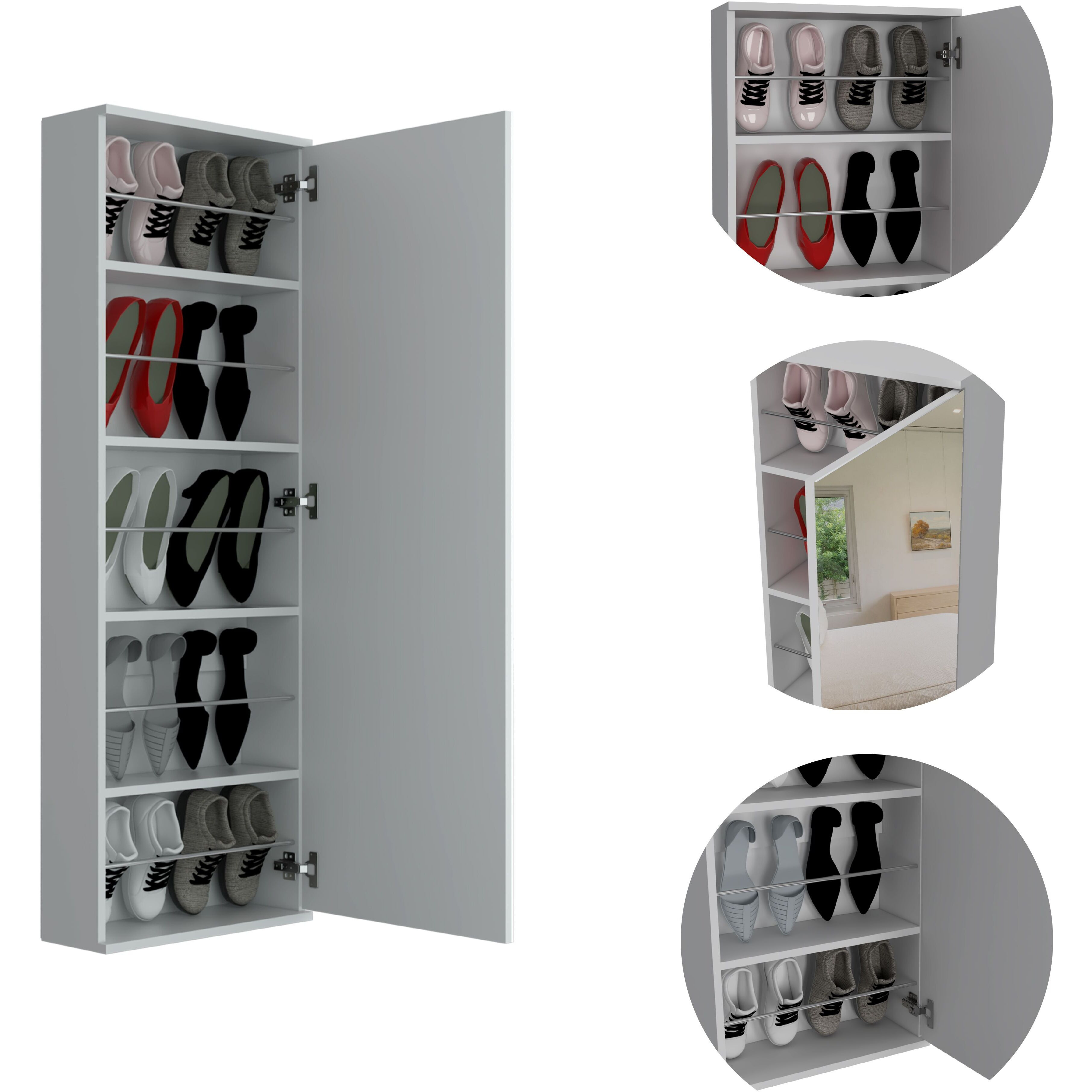 Montauk 5-Shelf Wall Mounted Shoe Cabinet With Mirror Door Light Grey(D0102H76Xg6)