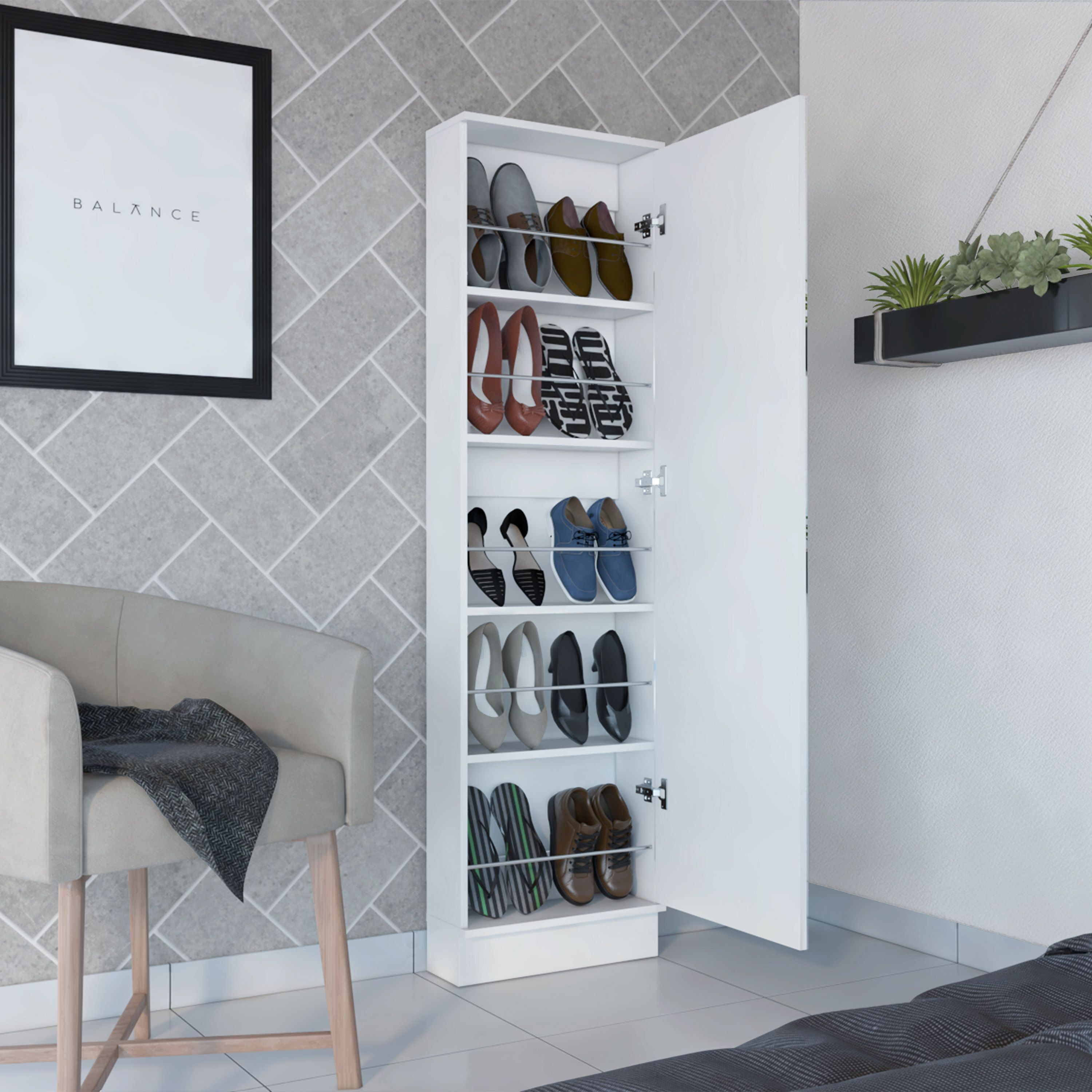 Cassidy Rectangle Tall Shoe Cabinet With Mirror White(D0102H767Gp)