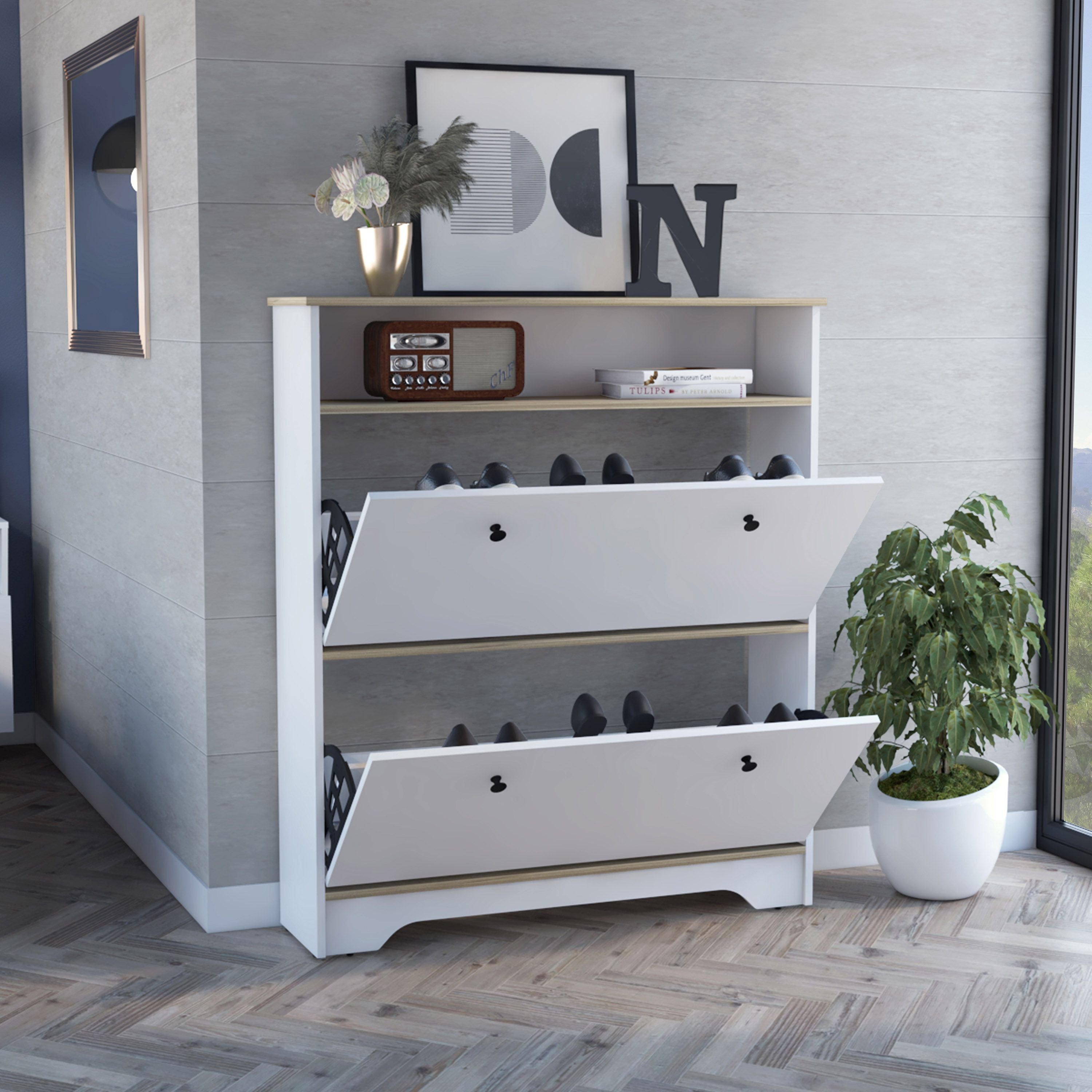 Cranbery 2-Shelf Shoe Rack Light Oak And White(D0102H76Hb2)
