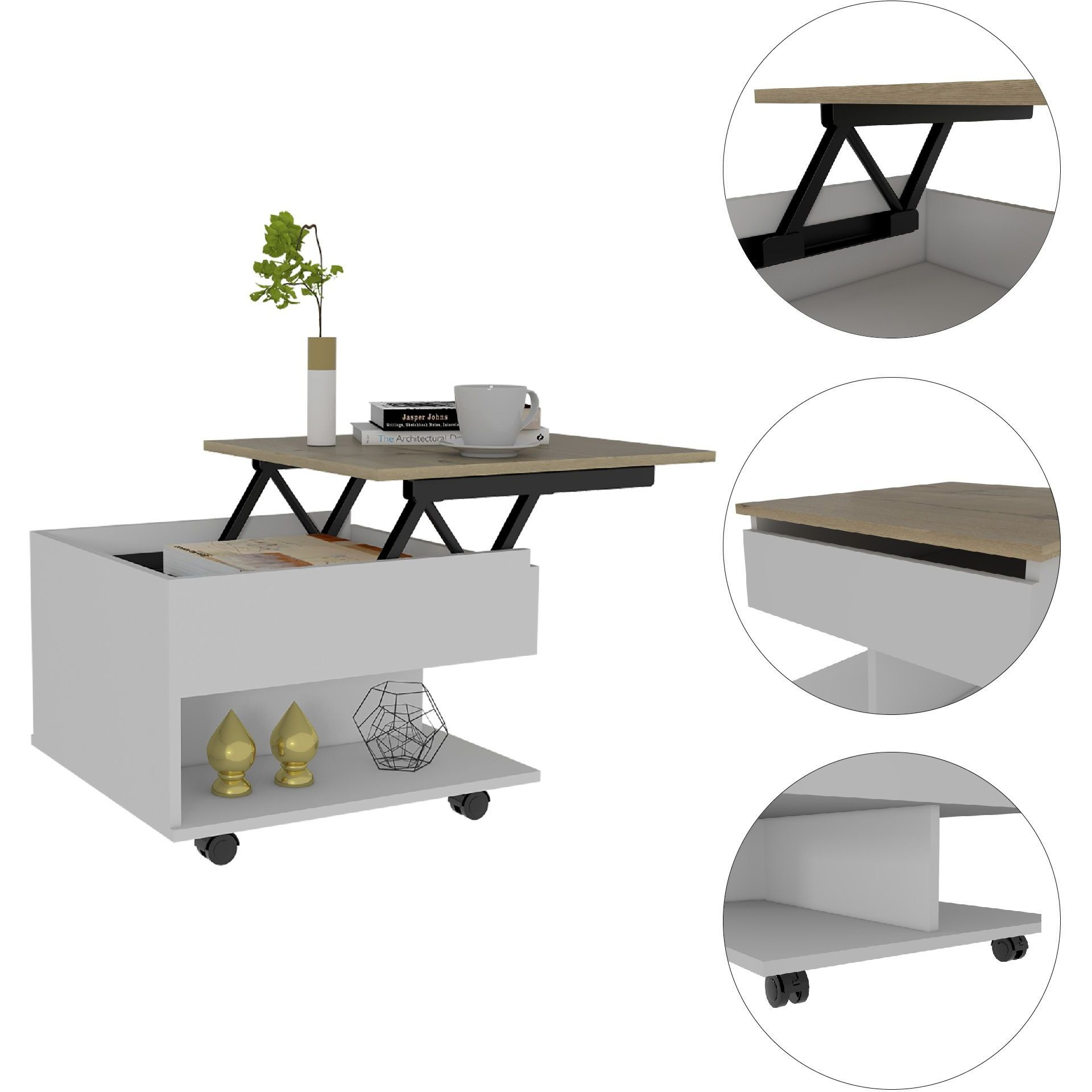 Peterson 1-Drawer 1-Shelf Lift Top Coffee Table White And Light Oak(D0102H767Sp)