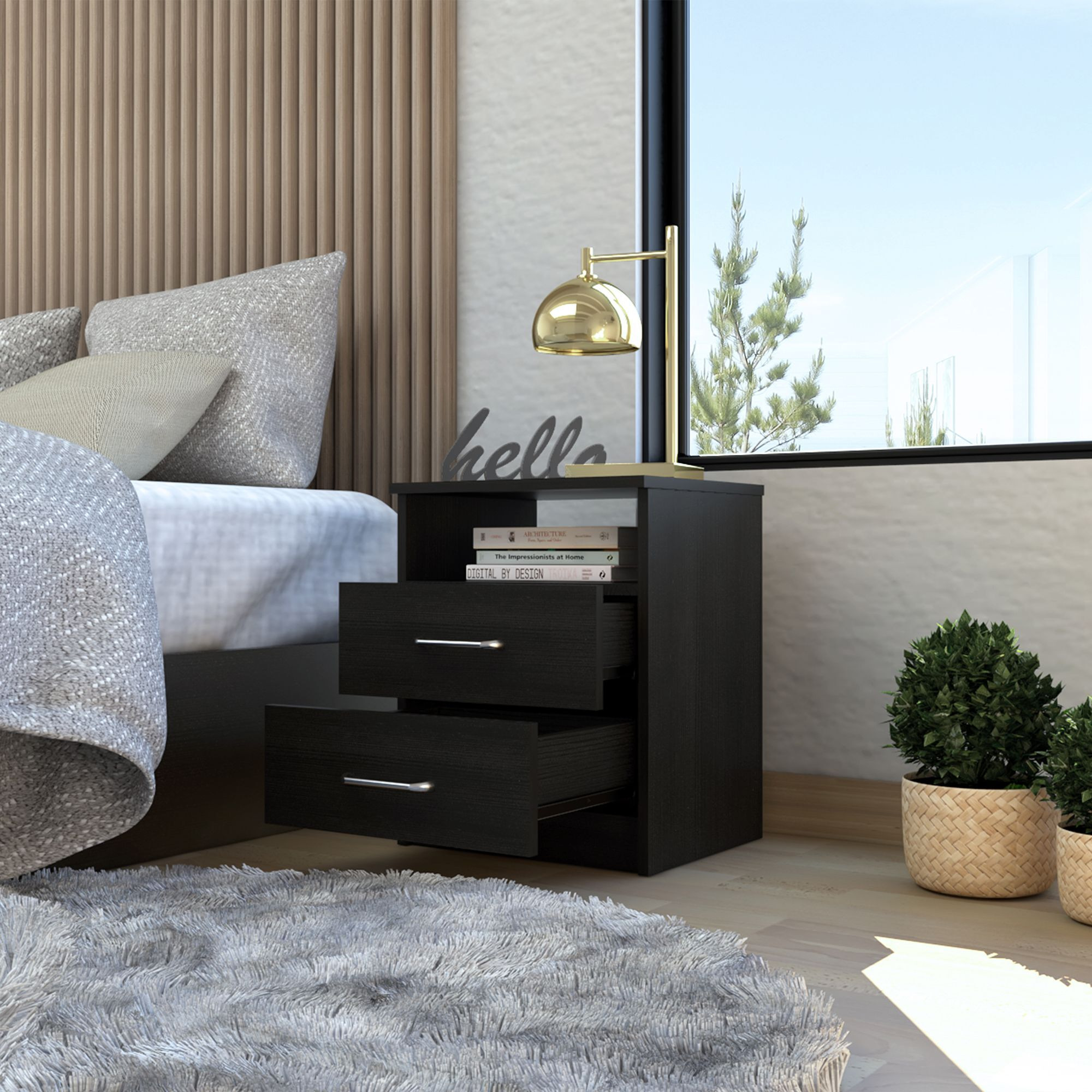 Brookeline 2-Drawer 1-Shelf Rectangle Nightstand Black Wengue(D0102H76X2J)