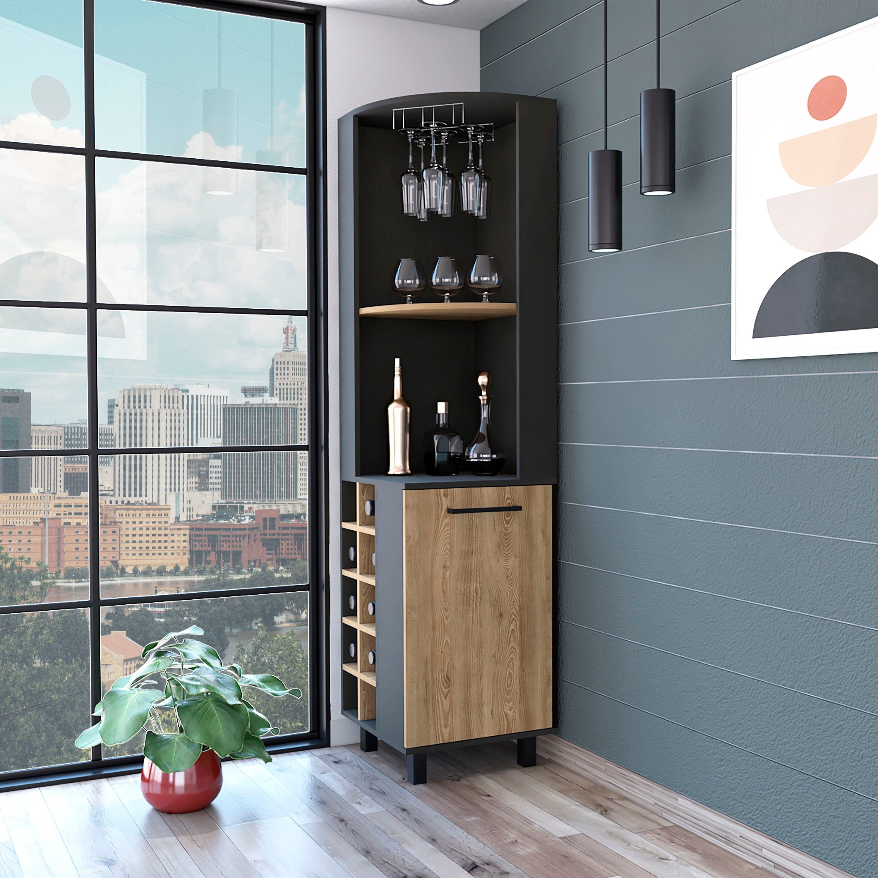 Leah Corner Bar Cabinet Two Shelves Ten Built-In Wine Rack Single Door Cabinet Two Interior Shelves(D0102H2R077)
