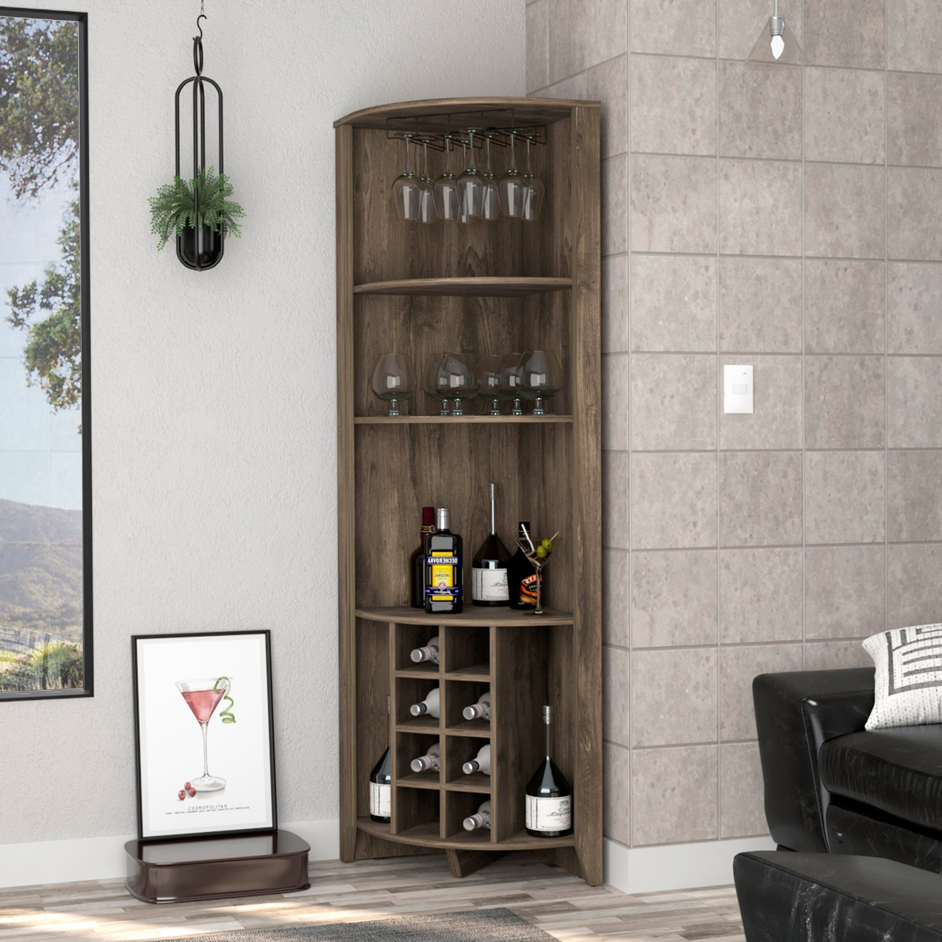 Bouvet Corner Bar Cabinet Three Shelves Eight Built-In Wine Rack Two Side Shelves(D0102H2Rl3A)