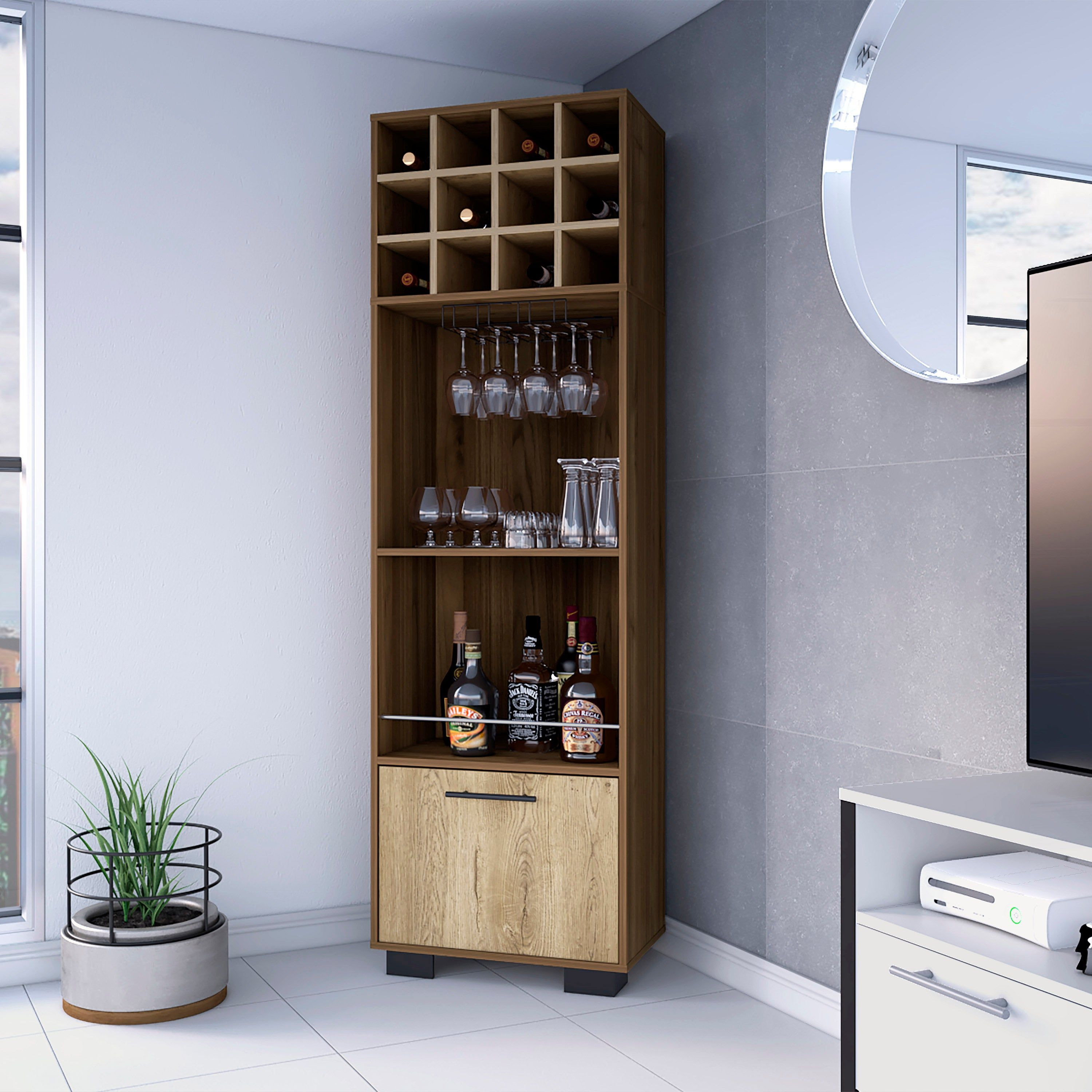 Aubree Corner Bar Cabinet Twelve Built-In Wine Rack Two Shelves One Flexible Drawer(D0102H2Rl1V)