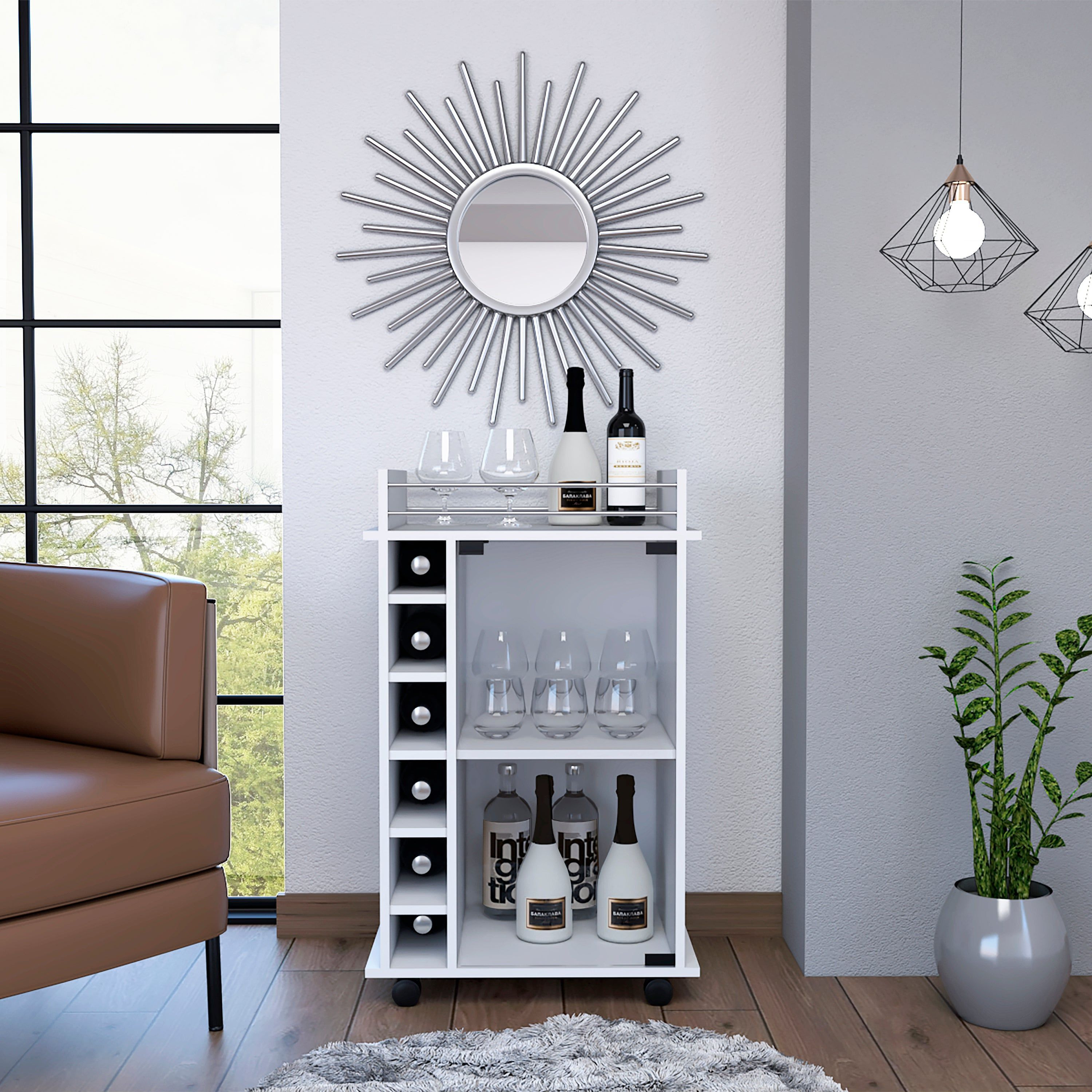 Vegas Bar Cart Two Tier Cabinet With Glass Door Six Cubbies For Liquor(D0102H2R01G)