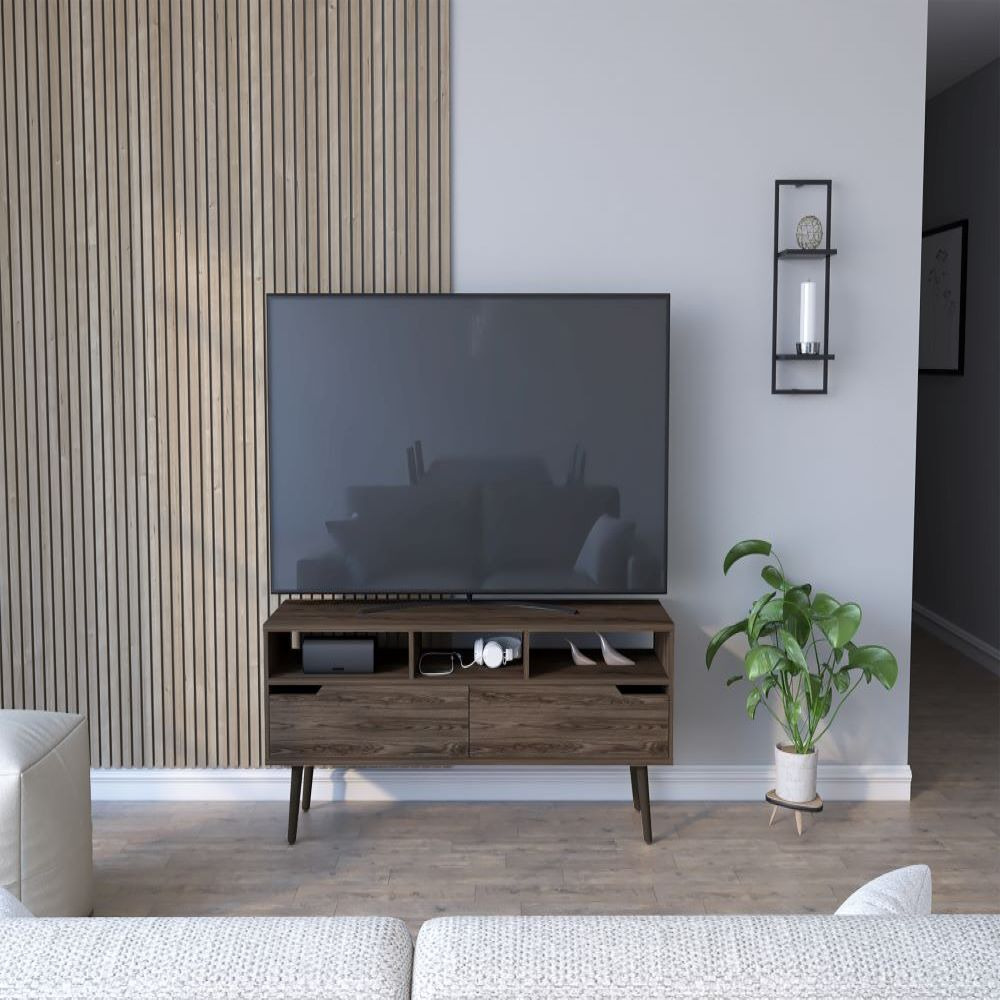 Tv Stand For Tvs Up 52 Bull  Three Open Shelves  Two Flexible Drawers  Dark Walnut Finish(D0102Hge6Xa)
