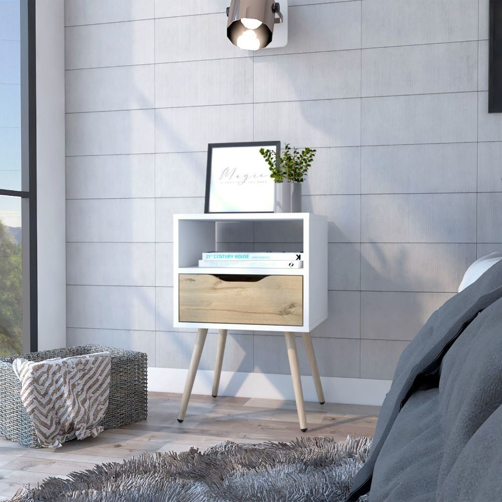 Nightstand Fugaz  Open Shelf  Single Drawer  White  Light Oak Finish(D0102Hgeylw)
