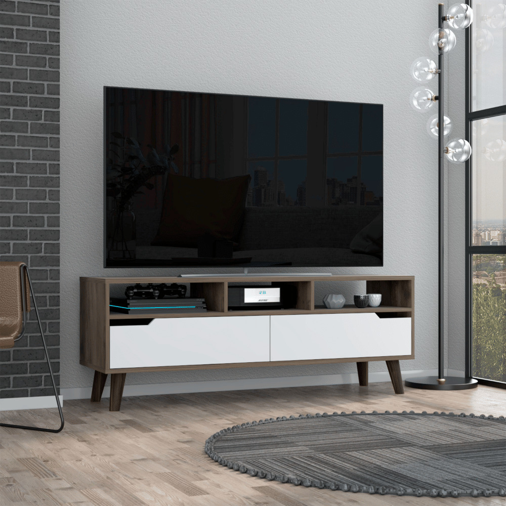 Tv Stand 20 For Tvs Up 52 Bull  Three Open Shelves Two Drawers  Dark Brown  White Finish(D0102Hgeysw)