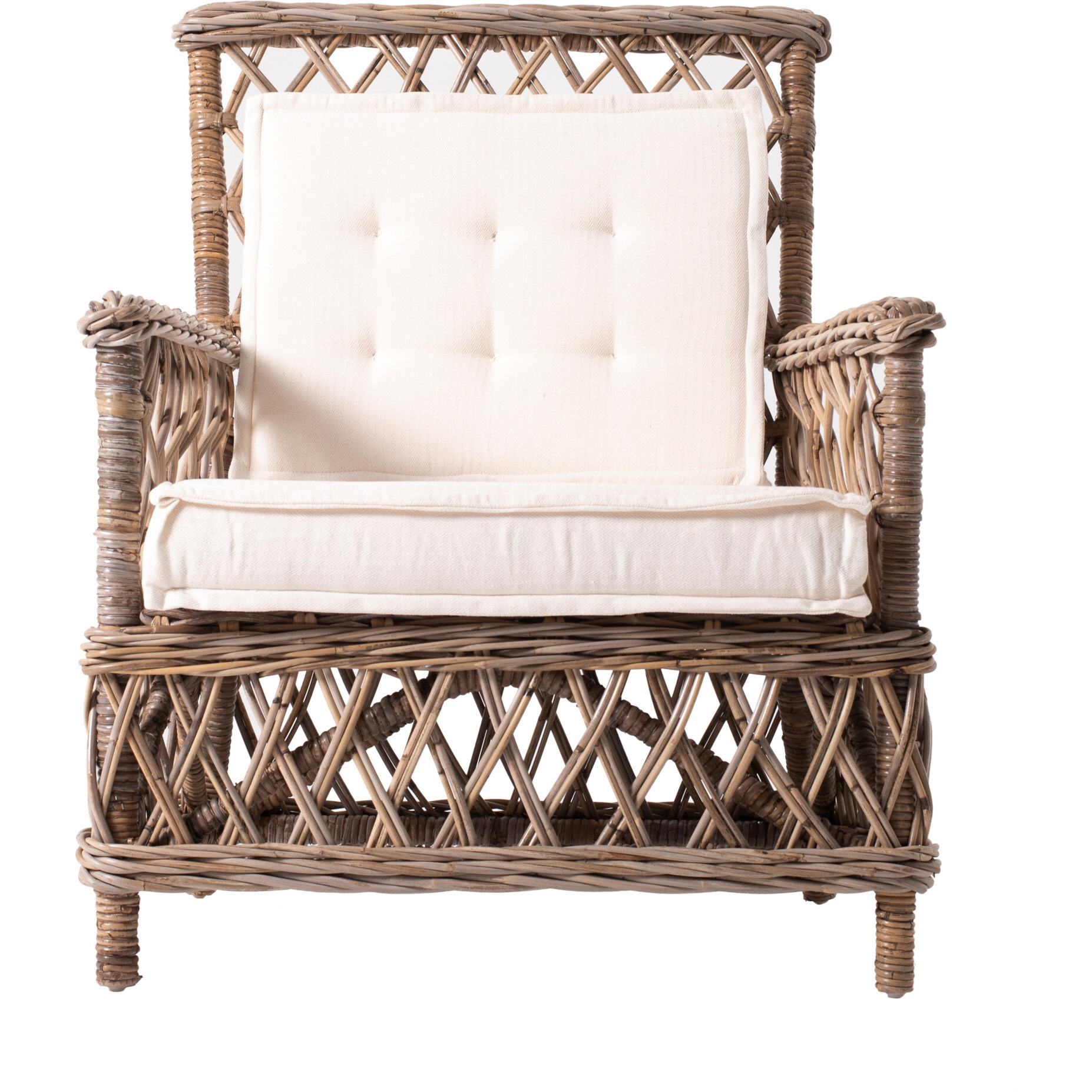 Set Of Two Lattice Wicker Arm Chairs With Two Cushions