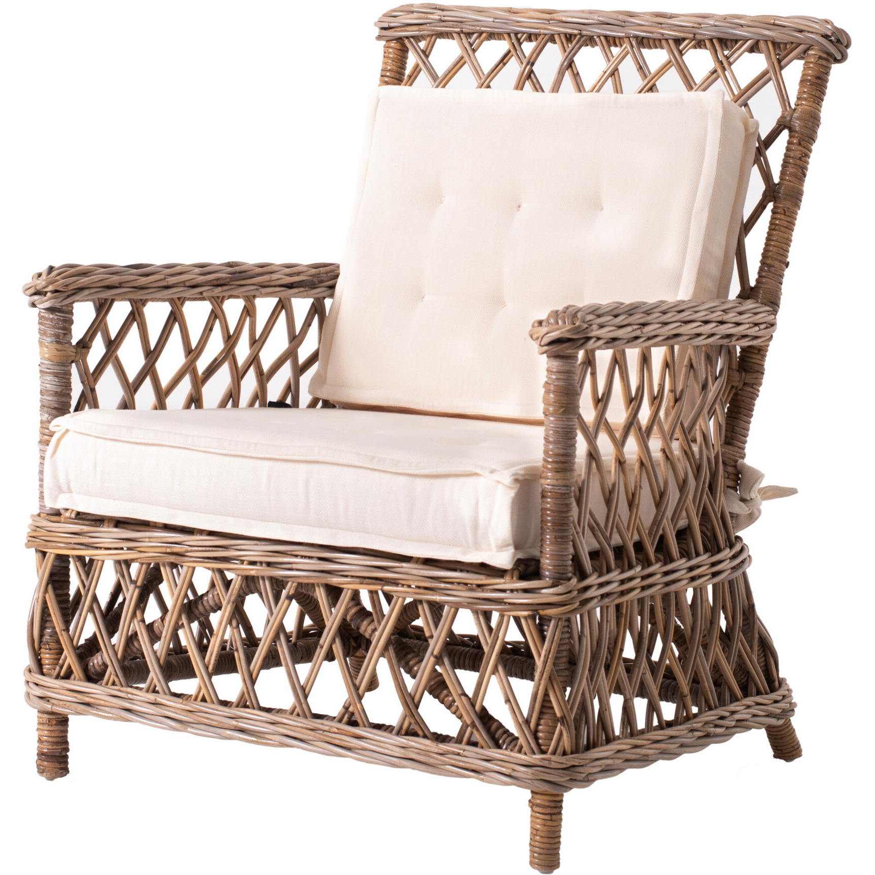 Set Of Two Lattice Wicker Arm Chairs With Two Cushions