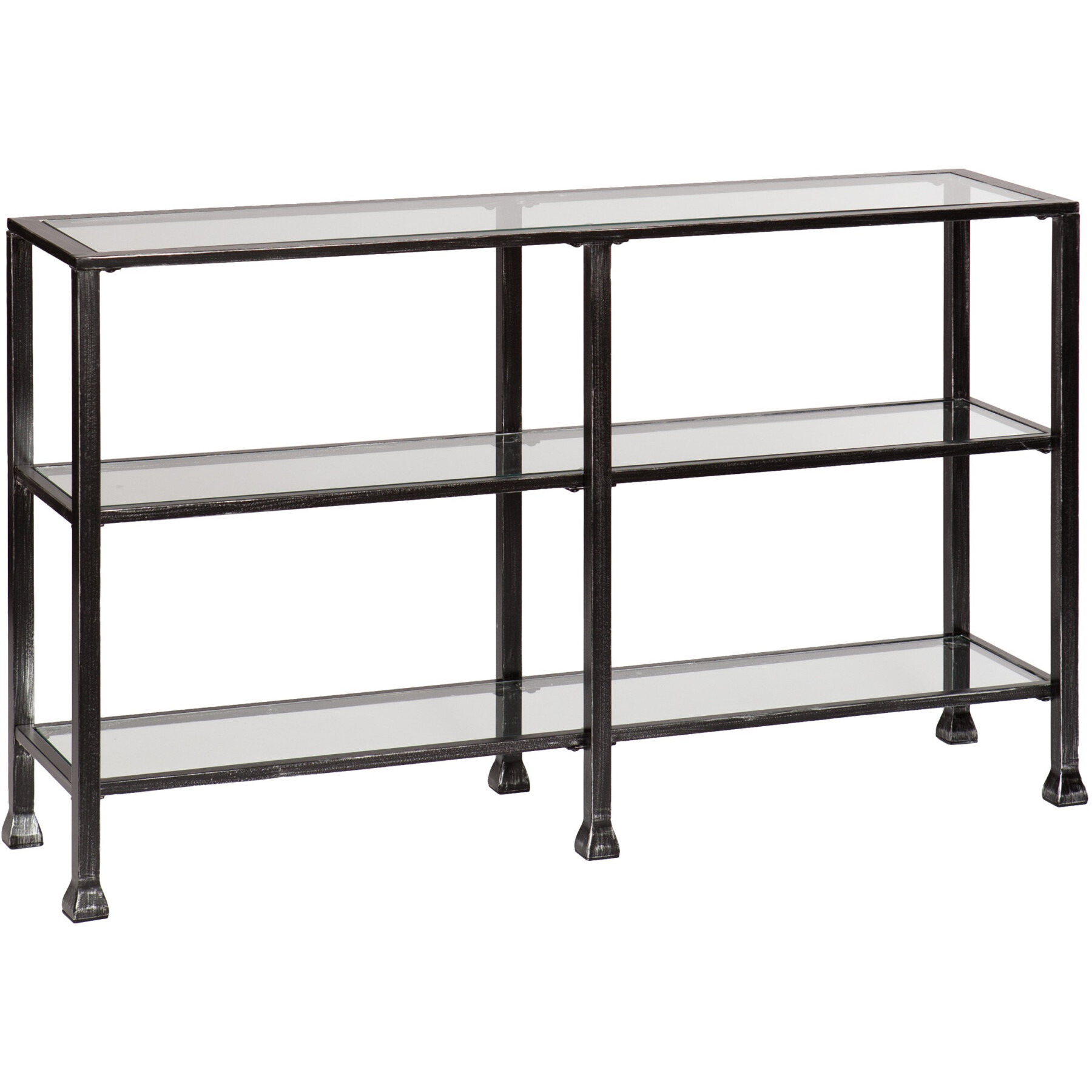 49 Clear And Black Glass Distressed Floor Shelf Console Table With Storage
